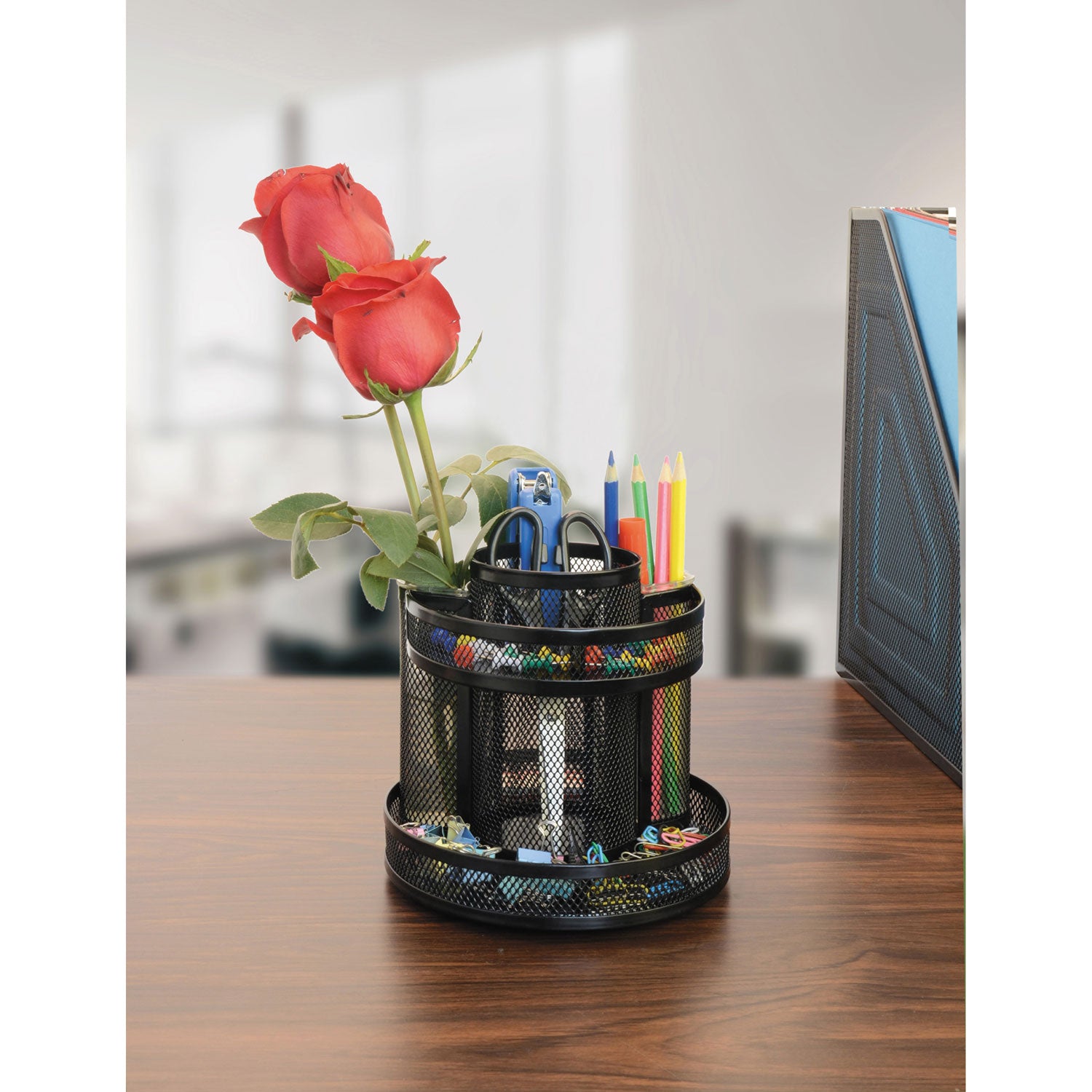 Universal® Metal Mesh Rotating Desktop Organizer, 8 Compartments, Metal Mesh, 6.5" Diameter x 6.13"h, Black