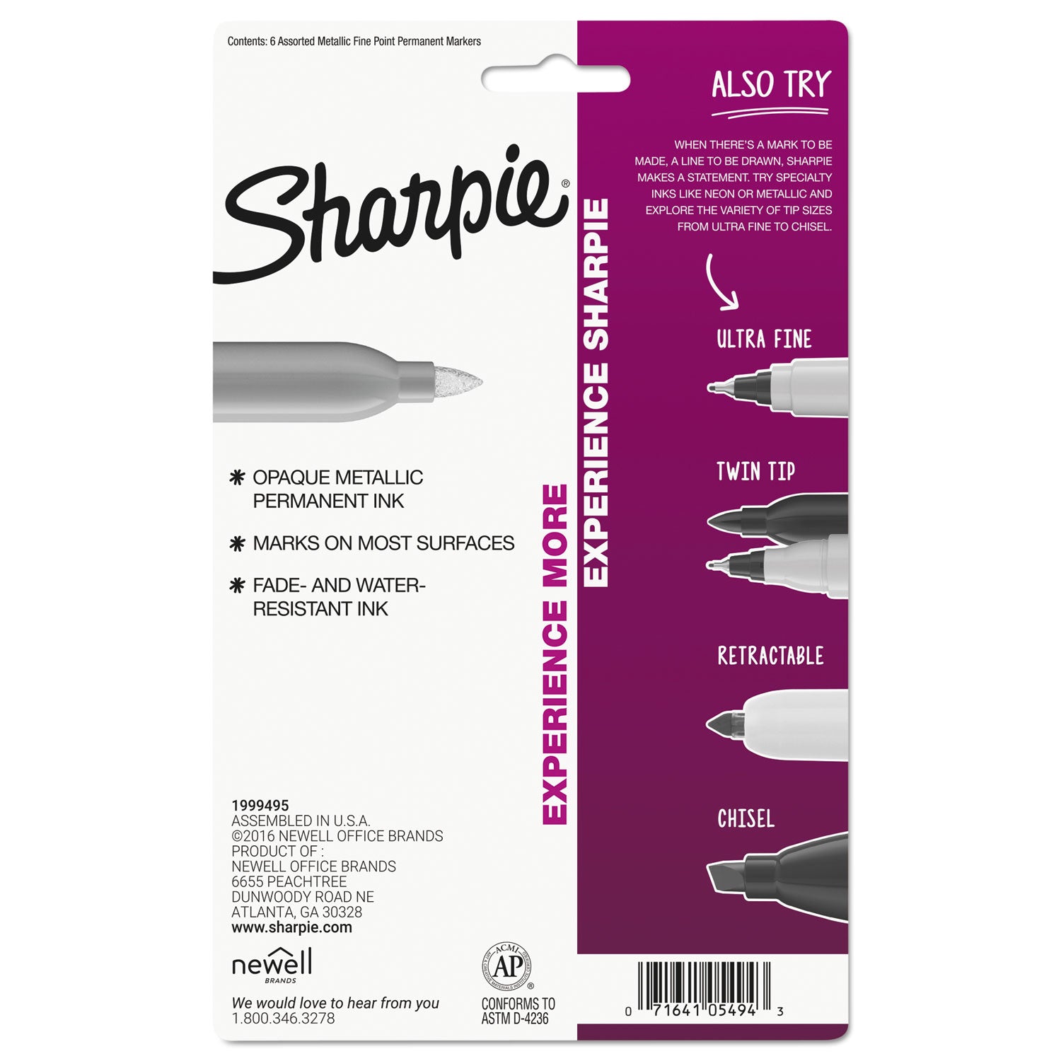 Sharpie® Metallic Fine Point Permanent Markers, Fine Bullet Tip, Gold-Silver-Bronze, 6/Pack