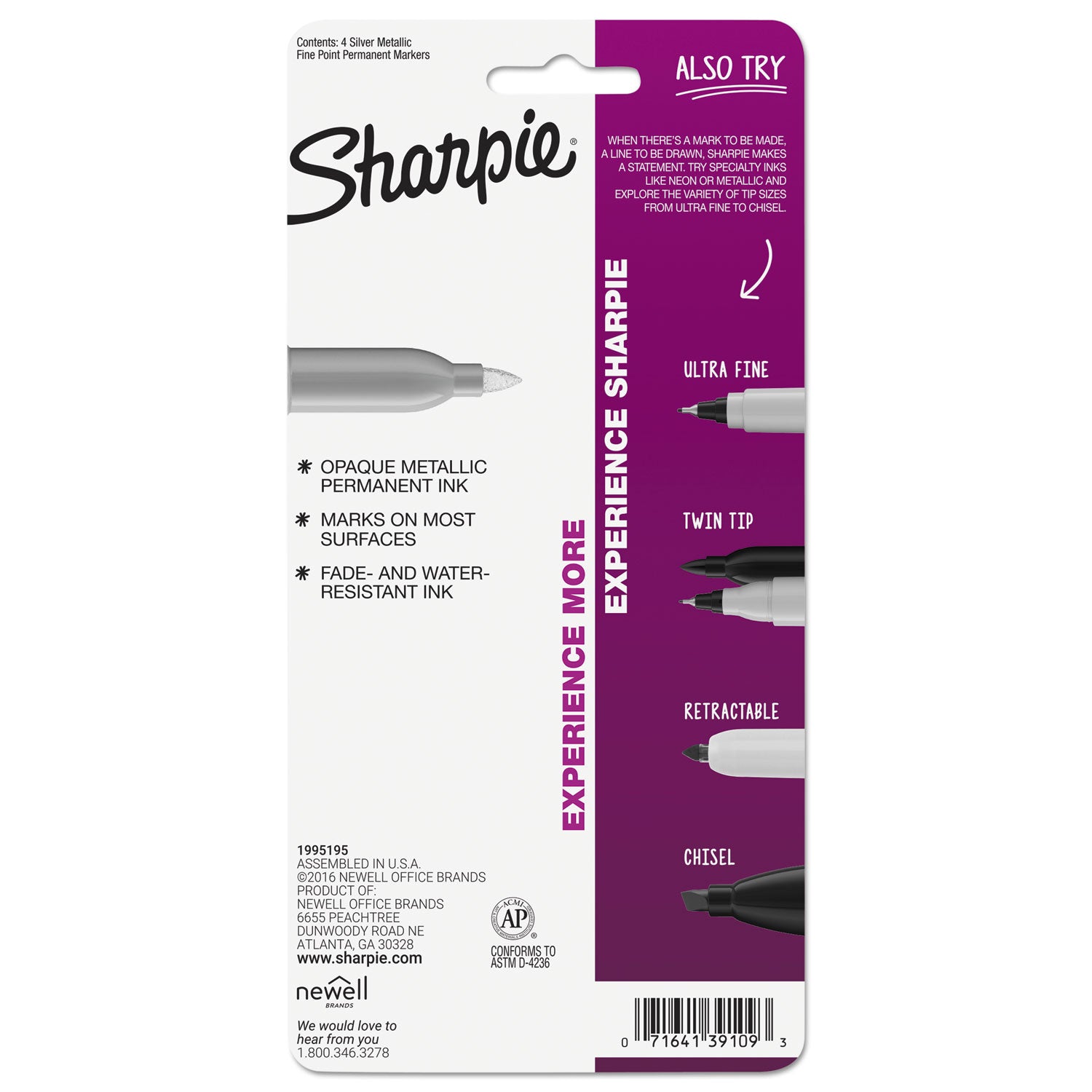 Sharpie® Metallic Fine Point Permanent Markers, Fine Bullet Tip, Metallic Silver, 4/Pack