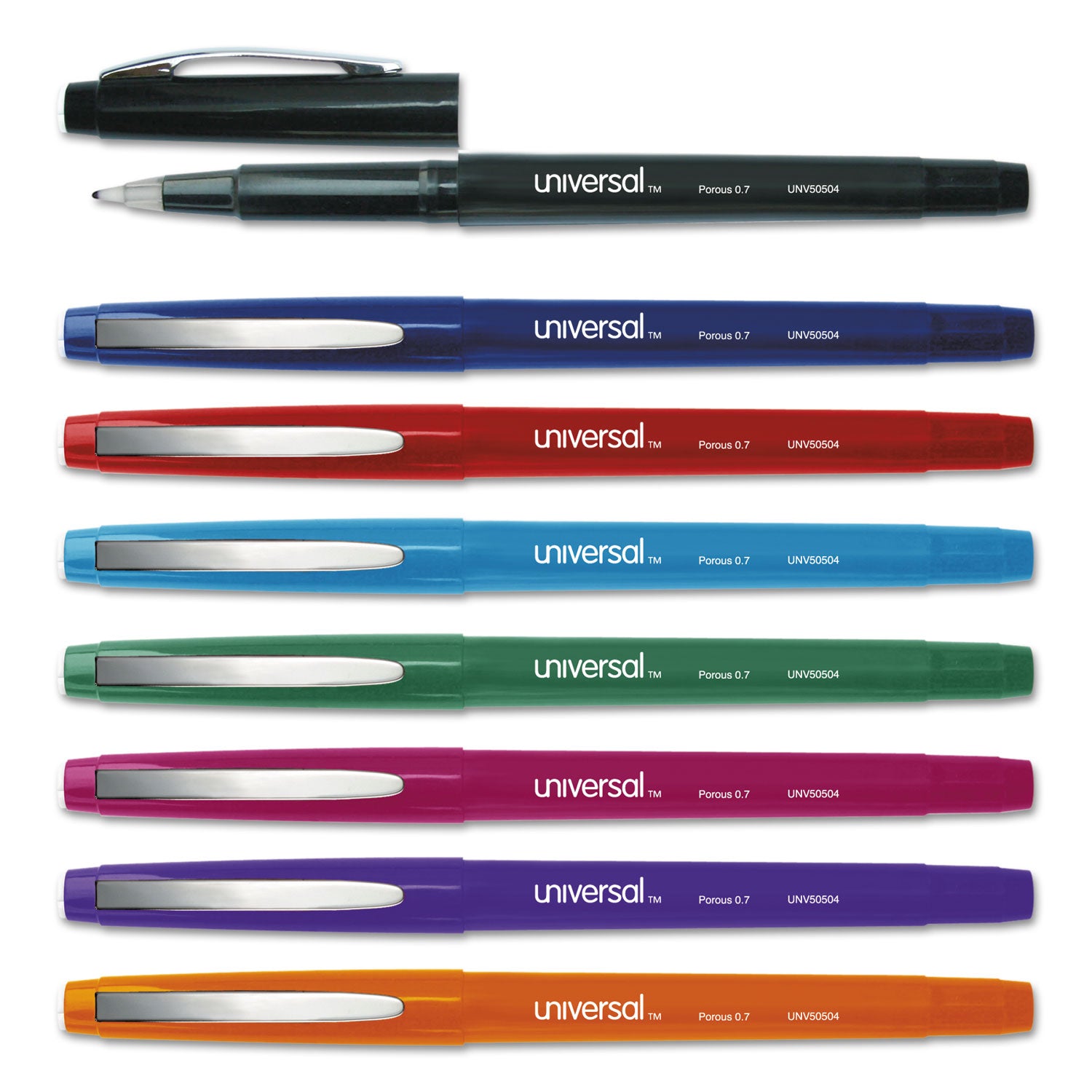 Universal™ Porous Point Pen, Stick, Medium 0.7 mm, Assorted Ink and Barrel Colors, 8/Pack