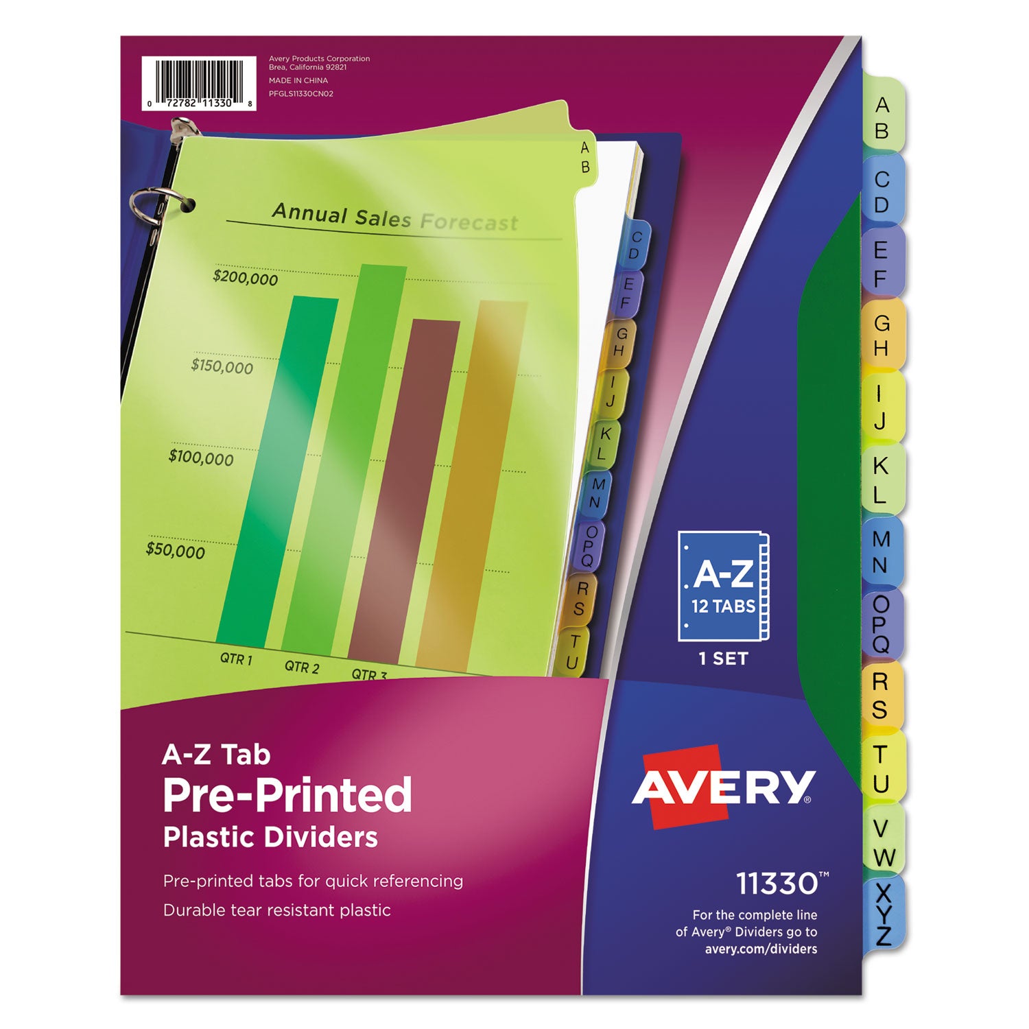 Durable Preprinted Plastic Tab Dividers, 12-Tab, A to Z, 11 x 8.5, Assorted, 1 Set