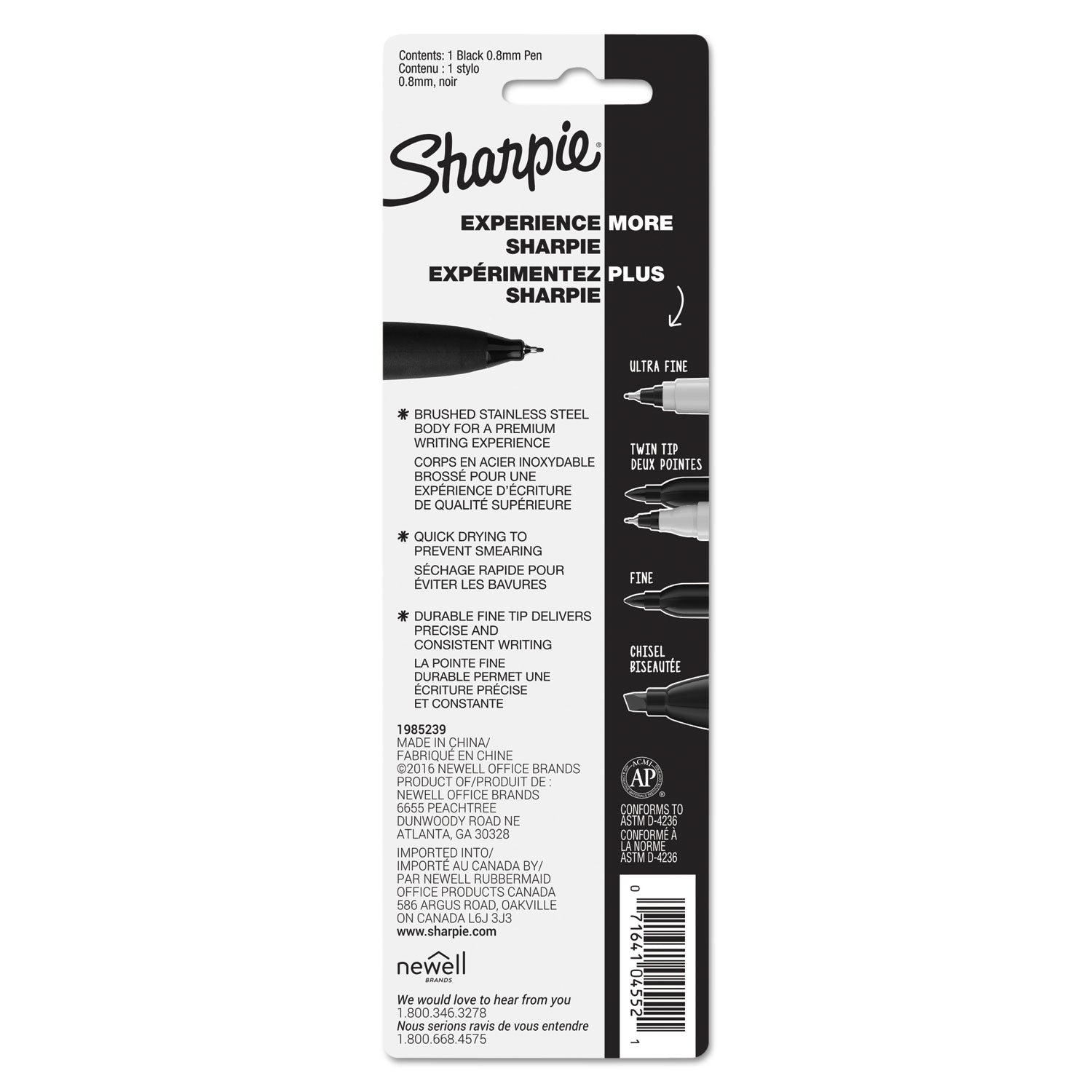 Sharpie® Stainless Steel Porous Point Pen, Stick, Fine 0.5 mm, Black Ink, Brushed Silver Barrel