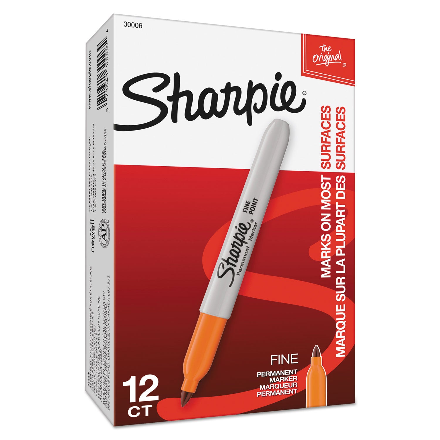 Sharpie® Fine Tip Permanent Marker, Fine Bullet Tip, Orange, Dozen