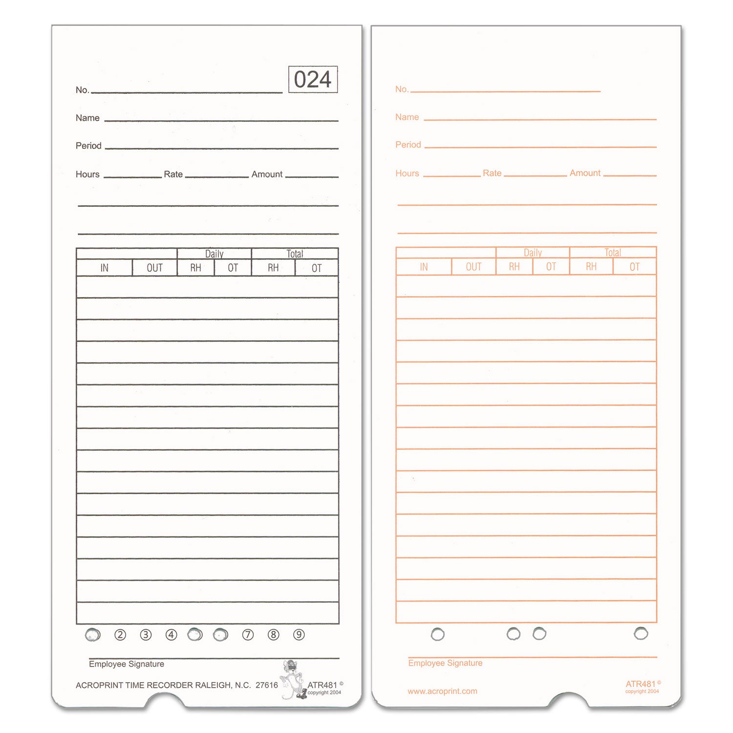 Time Clock Cards for Acroprint ATR480, Two Sides, 7.5 x 3.35, 50/Pack