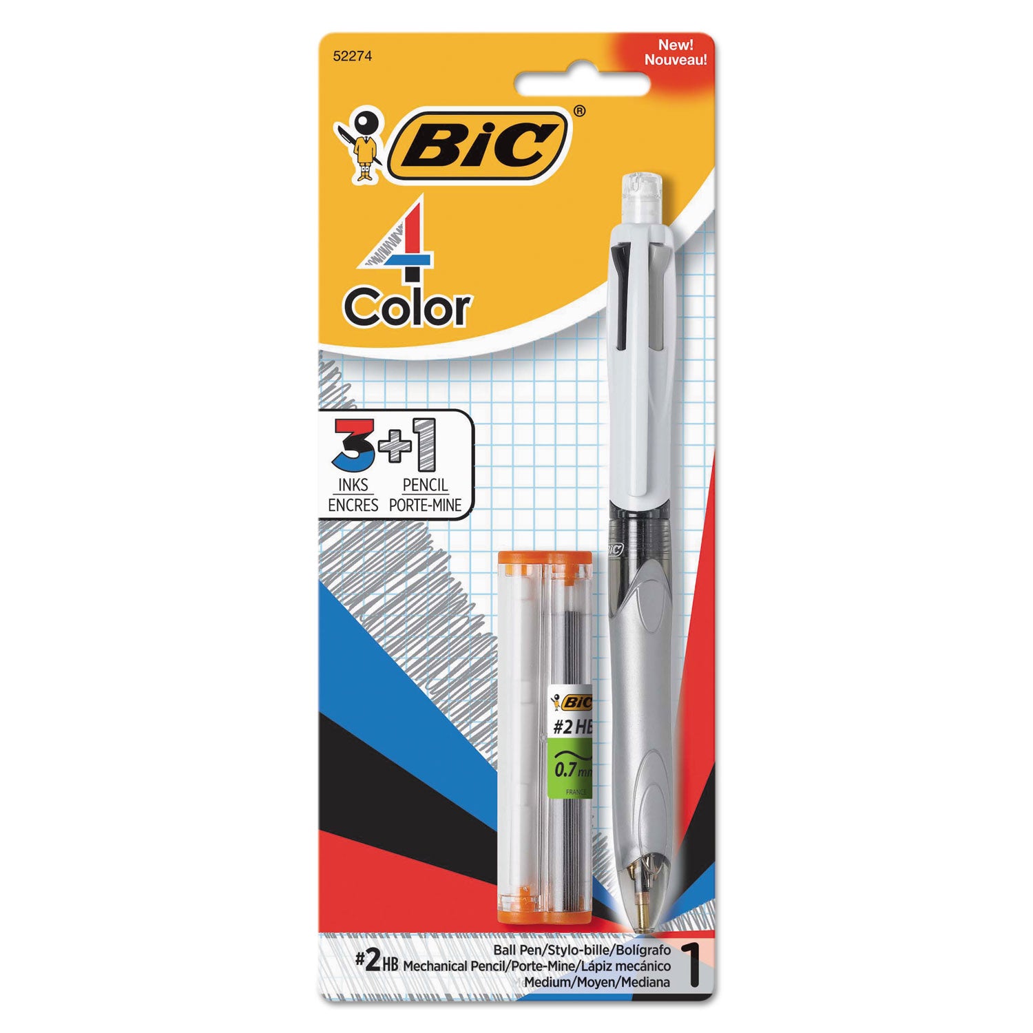 4-Color 3 + 1 Multi-Color Ballpoint Pen/Pencil, Retractable, 1 mm Pen/0.7 mm Pencil, Black/Blue/Red Ink, Gray/White Barrel