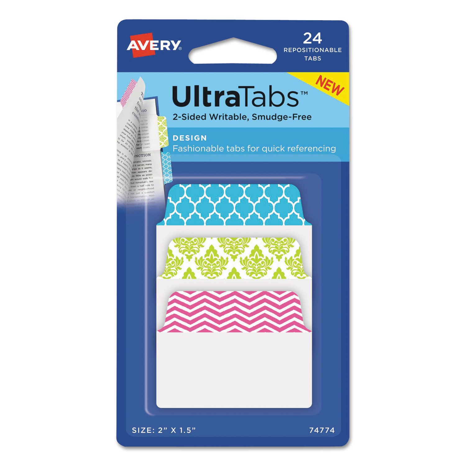 Ultra Tabs Repositionable Tabs, Fashion Patterns: 2" x 1.5", 1/5-Cut, Assorted Colors, 24/Pack