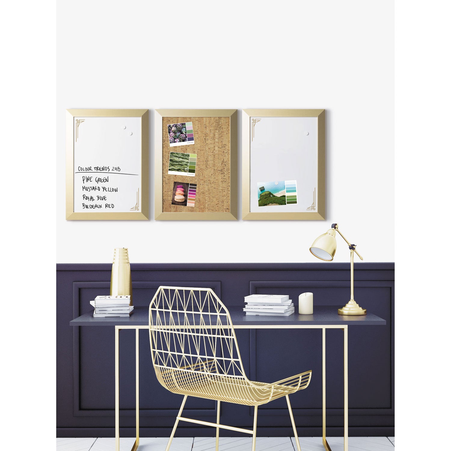 Positive Flow Metallic Gold Message Board Set, (1) Bulletin, (2) Magnetic Dry Erase, 18 x 24, Gold Frames