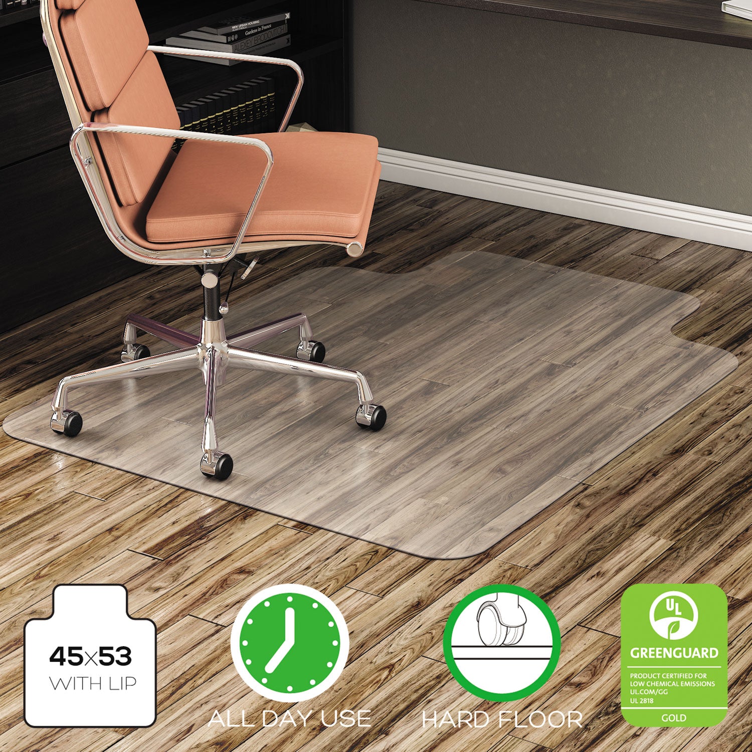 Alera® All Day Use Non-Studded Chair Mat for Hard Floors, 45 x 53, Wide Lipped, Clear