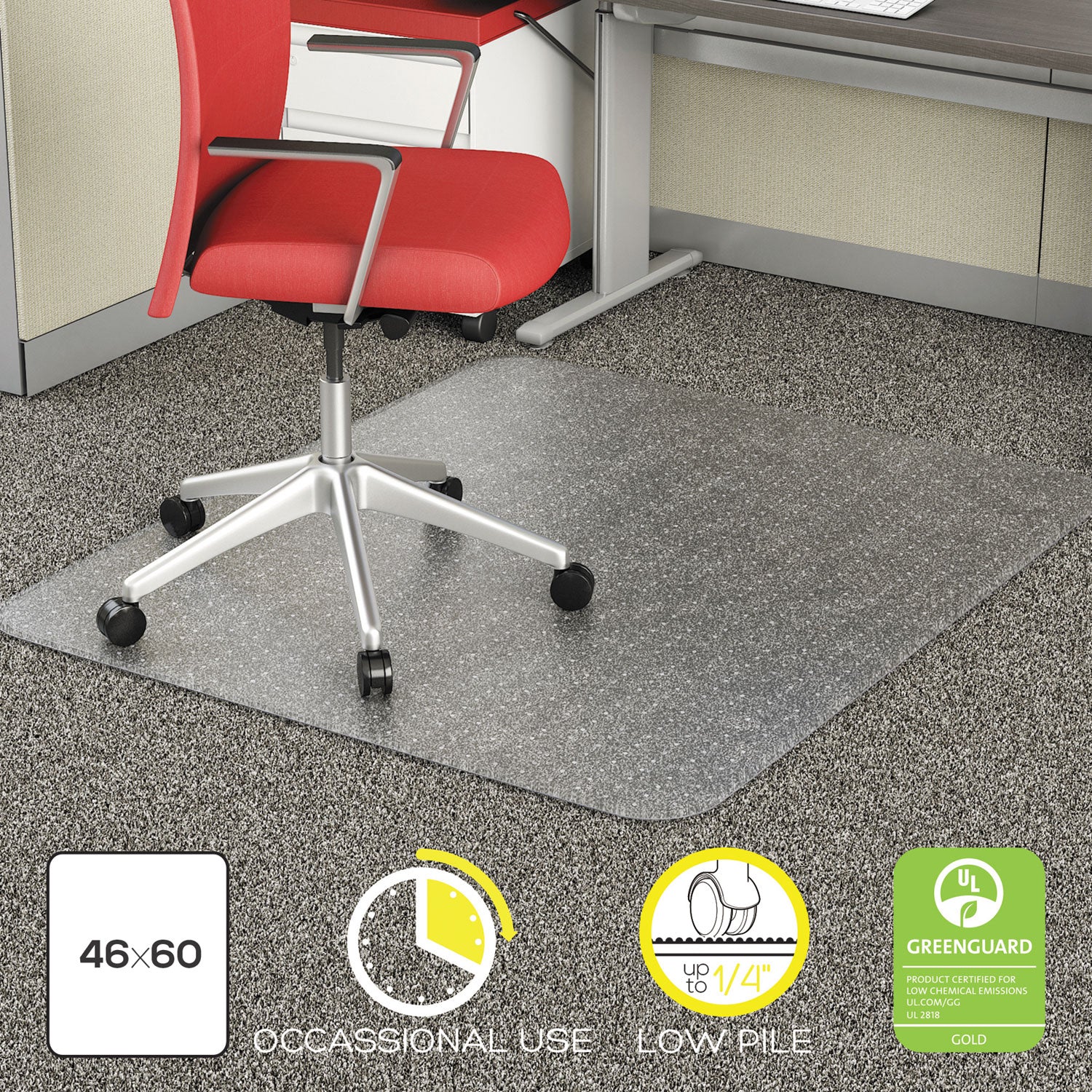 Alera® Occasional Use Studded Chair Mat for Flat Pile Carpet, 46 x 60, Rectangular, Clear