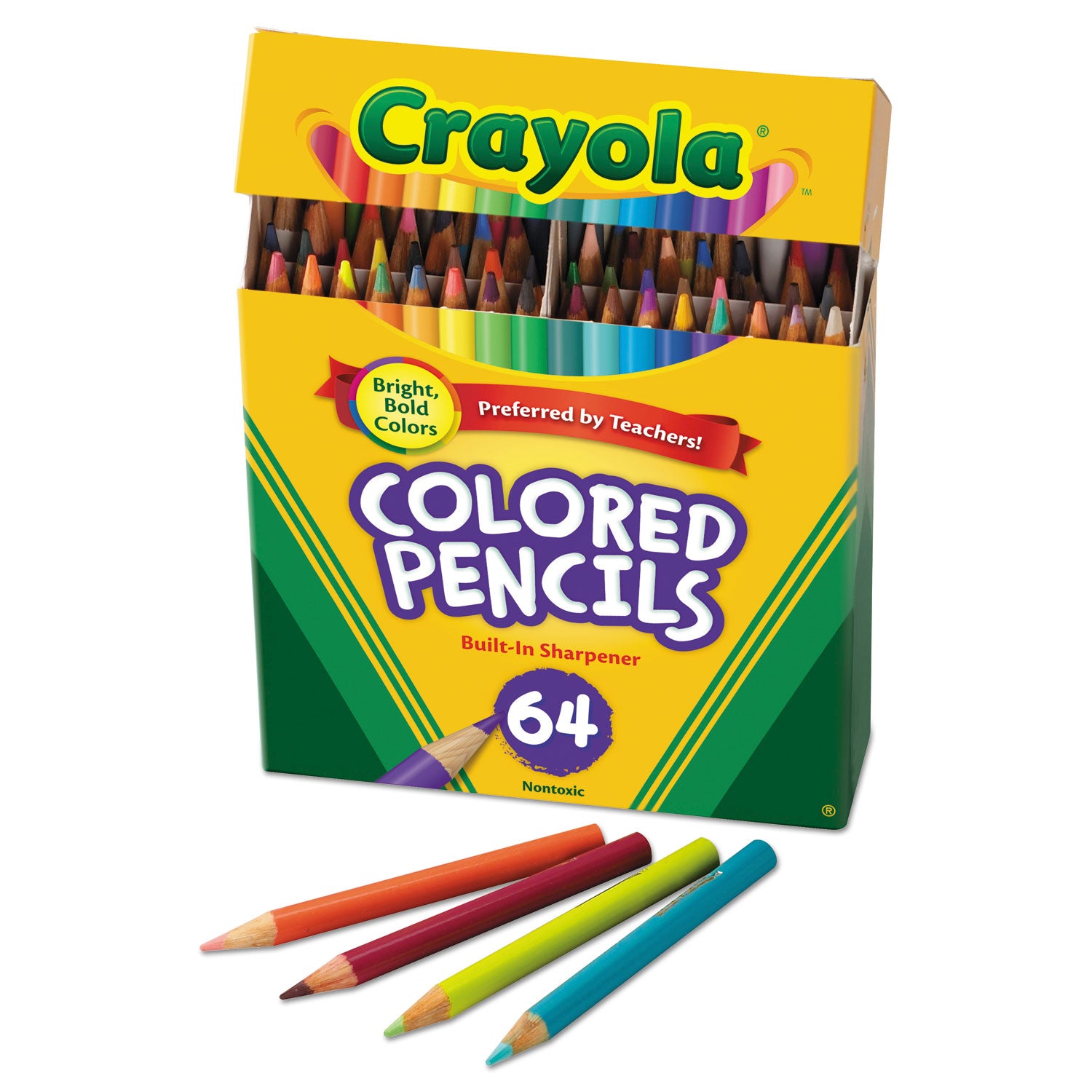 Crayola® Short Colored Pencils Hinged Top Box with Built-in Pencil Sharpener, 3.3 mm, 2B, Assorted Lead and Barrel Colors, 64/Pack