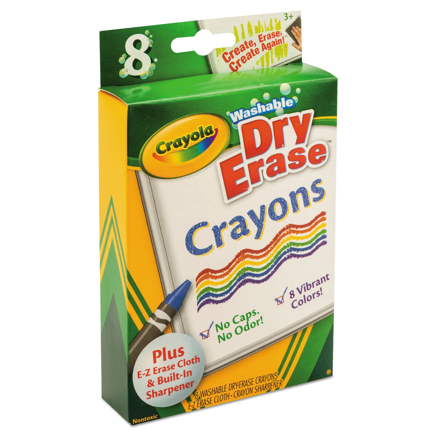 Washable Dry Erase Crayons w/E-Z Erase Cloth, Assorted Colors, 8/Pack