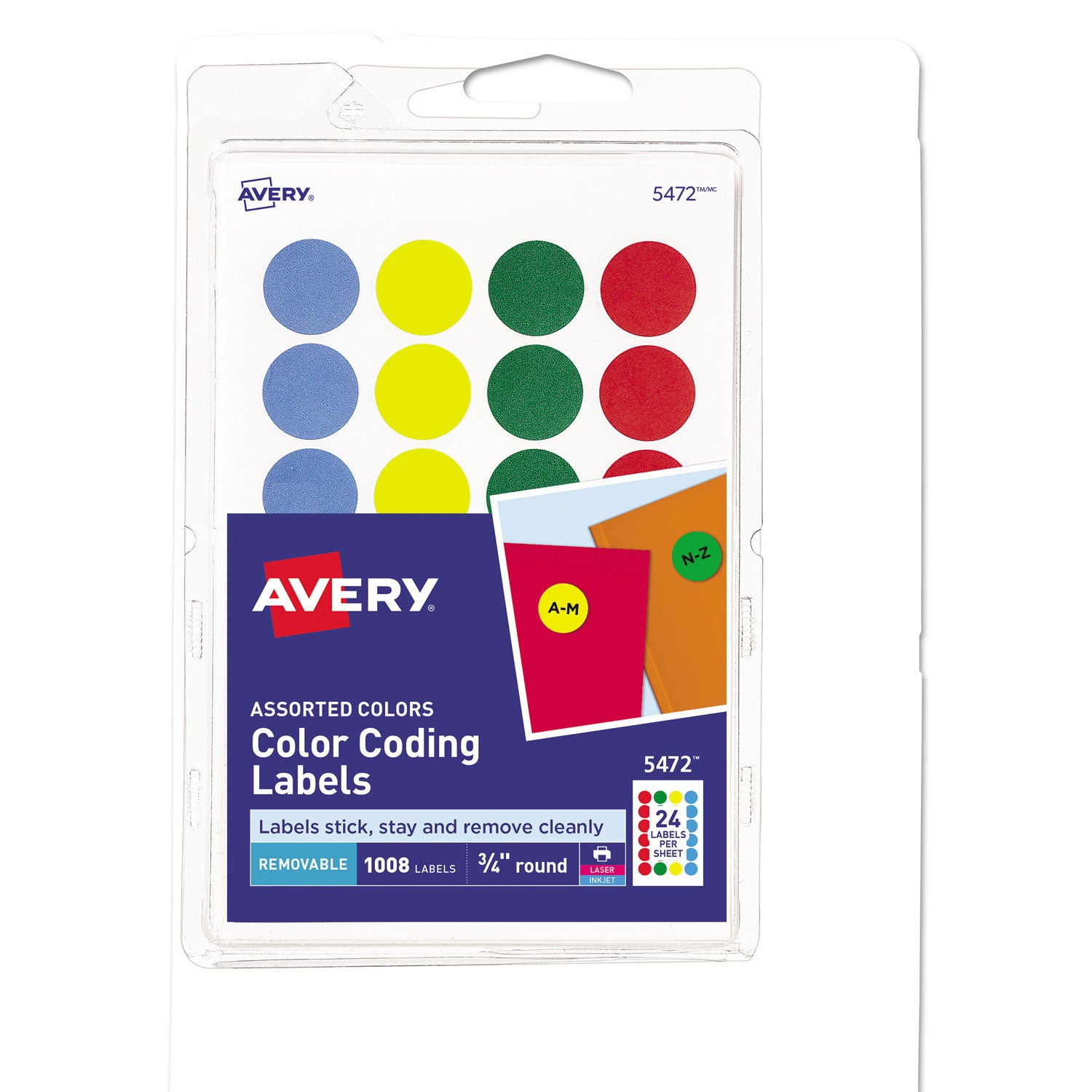 Printable Self-Adhesive Removable Color-Coding Labels, 0.75" dia, Assorted Colors, 24/Sheet, 42 Sheets/Pack, (5472)