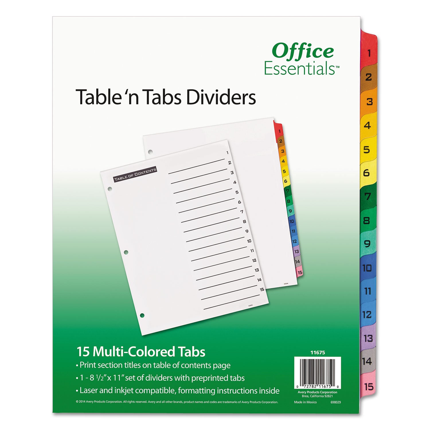 Table 'n Tabs Dividers, 15-Tab, 1 to 15, 11 x 8.5, White, Assorted Tabs, 1 Set