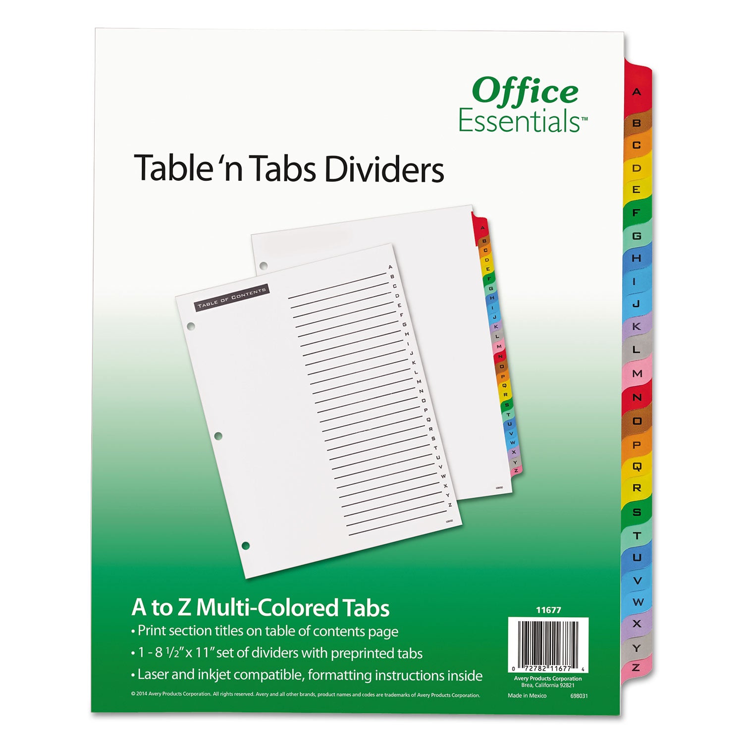 Table 'n Tabs Dividers, 26-Tab, A to Z, 11 x 8.5, White, Assorted Tabs, 1 Set