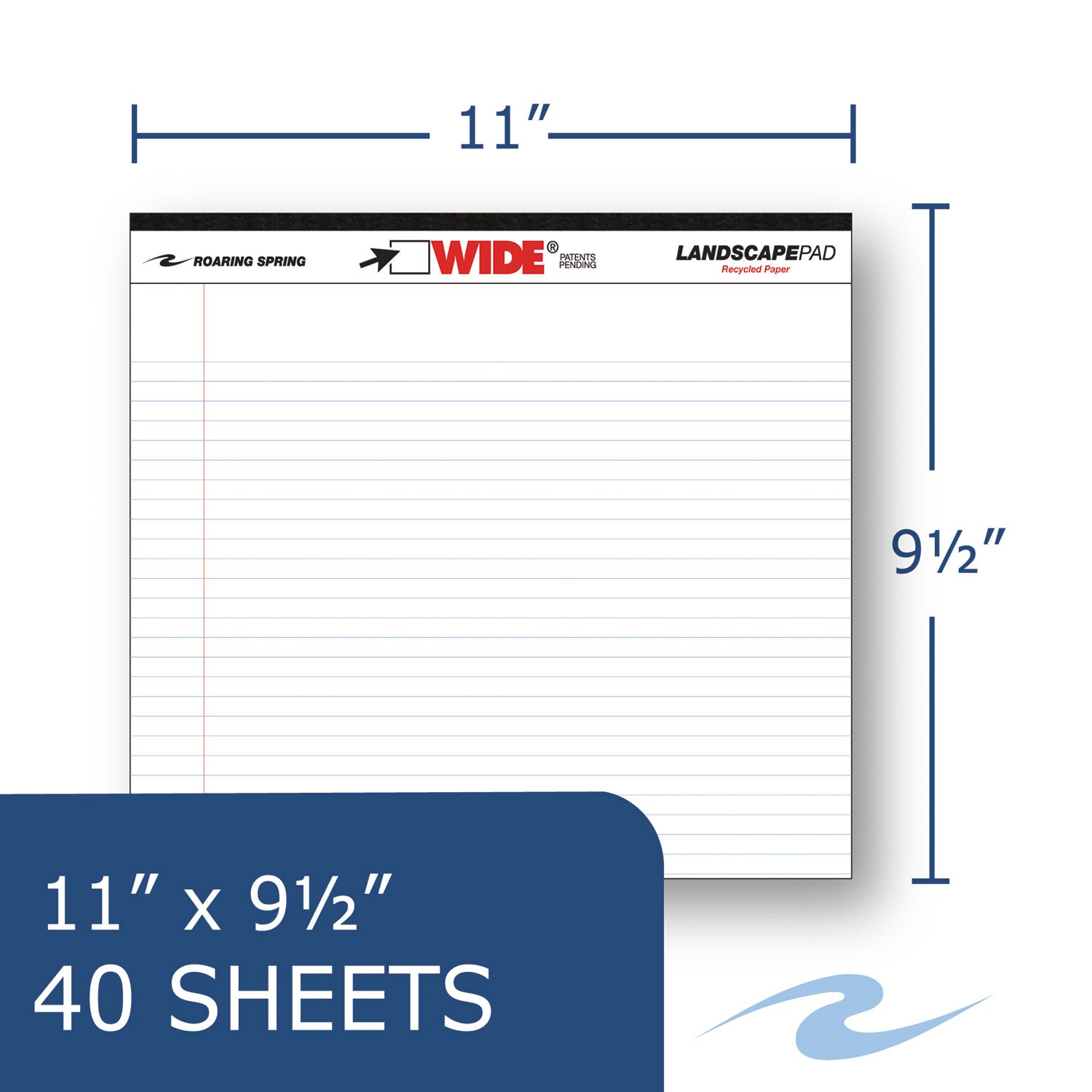 Roaring Spring® WIDE Landscape Format Writing Pad, Unpunched with Standard Back, Medium/College Rule, 40 White 11 x 9.5 Sheets