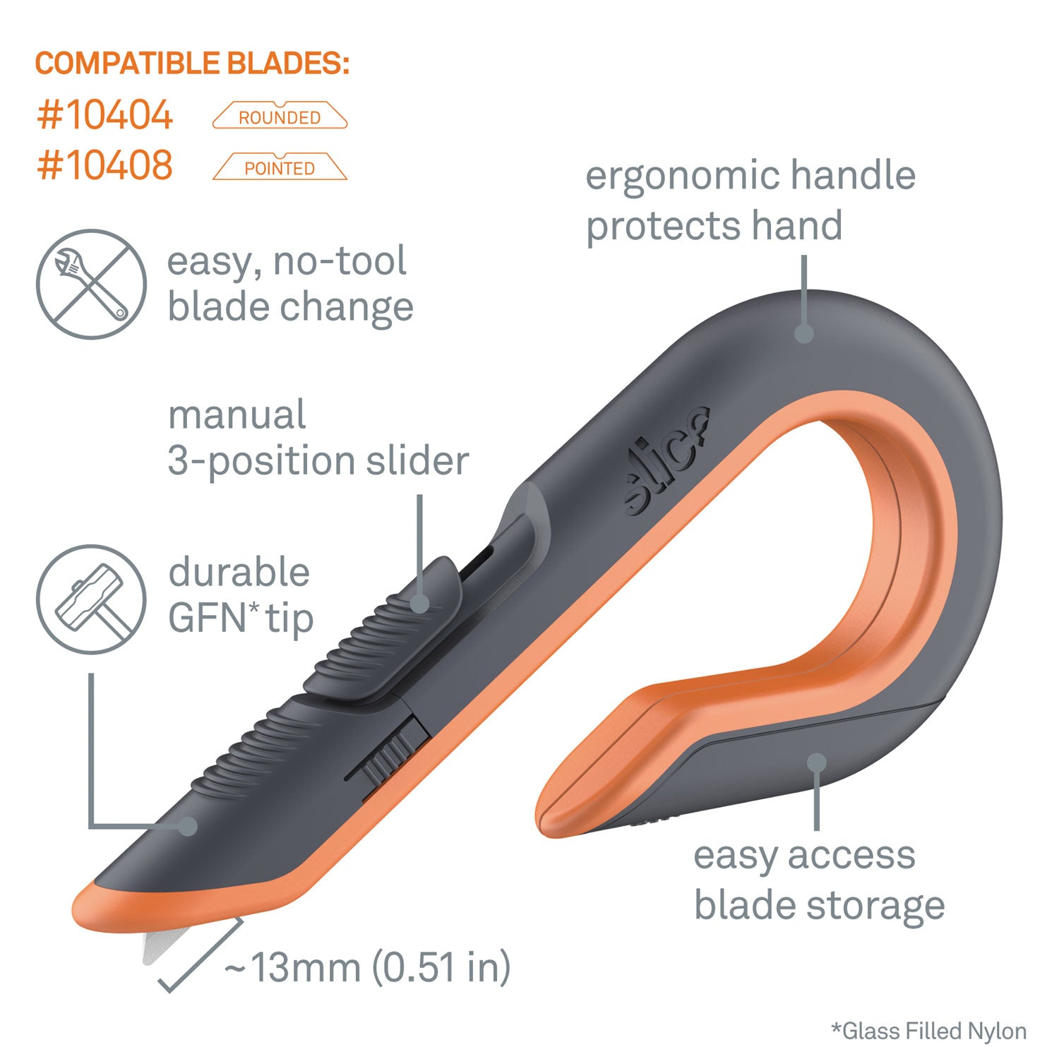 slice® Box Cutters, Double Sided, Replaceable, 1.29" Carbon Steel Blade, 7" Nylon Handle, Gray/Orange