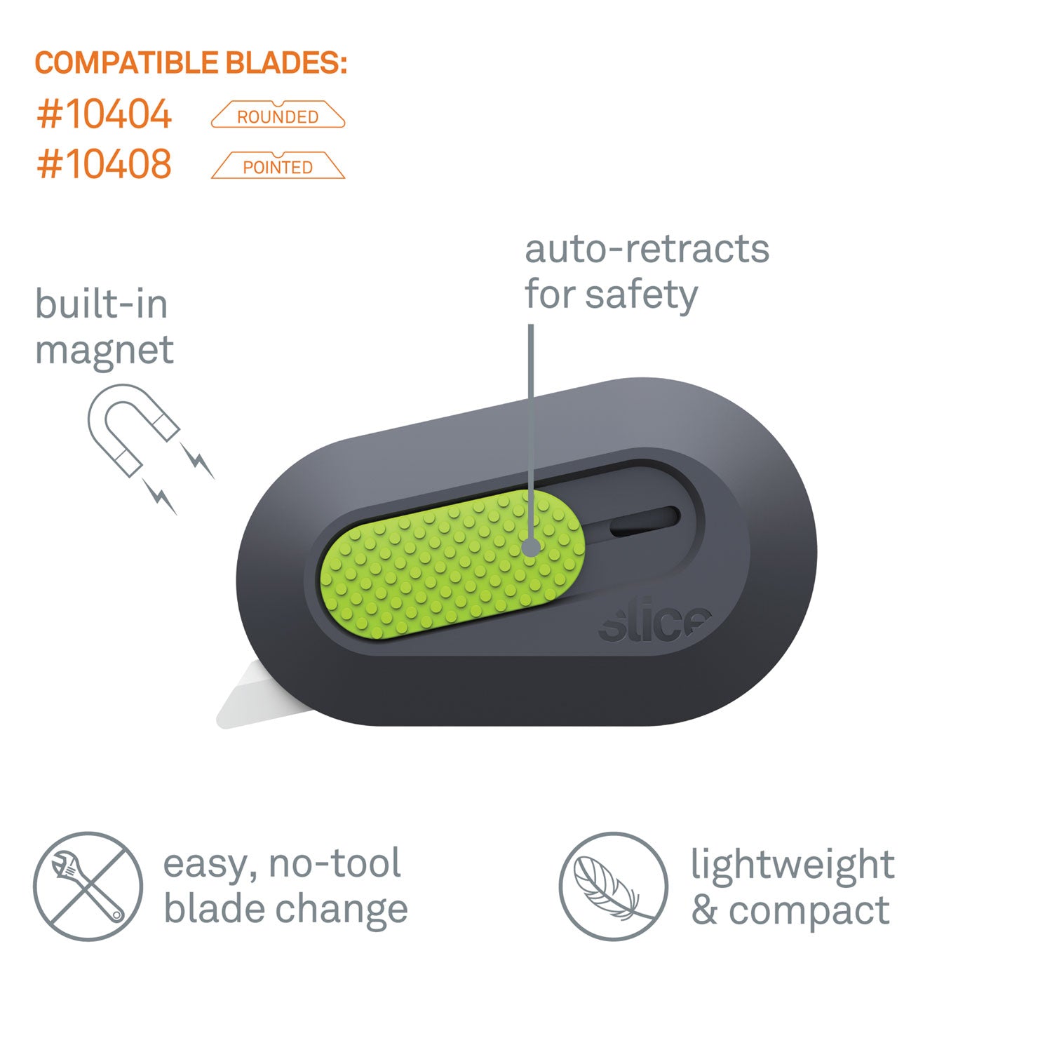 slice® Mini Cutters, Replaceable Double-Sided 1.29" Ceramic Zirconium Oxide Blade, 2.5" Nylon Handle, Gray/Green