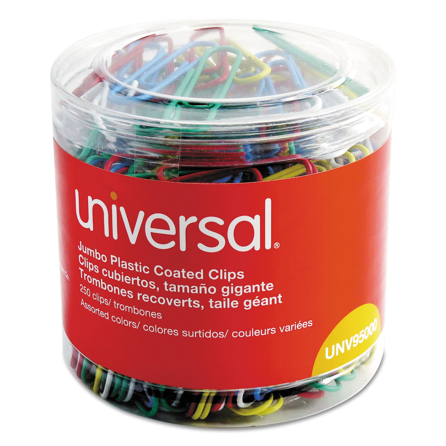 Universal® Plastic-Coated Paper Clips with One-Compartment Dispenser Tub, Jumbo, Assorted Colors, 250/Pack