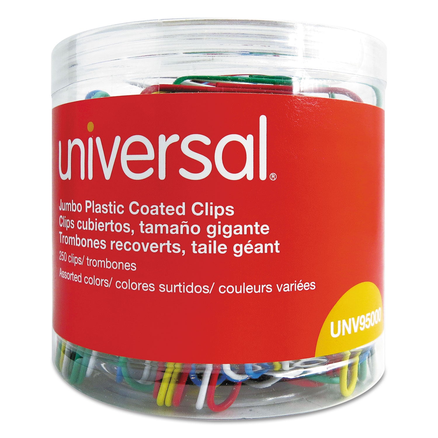 Universal® Plastic-Coated Paper Clips with One-Compartment Dispenser Tub, Jumbo, Assorted Colors, 250/Pack