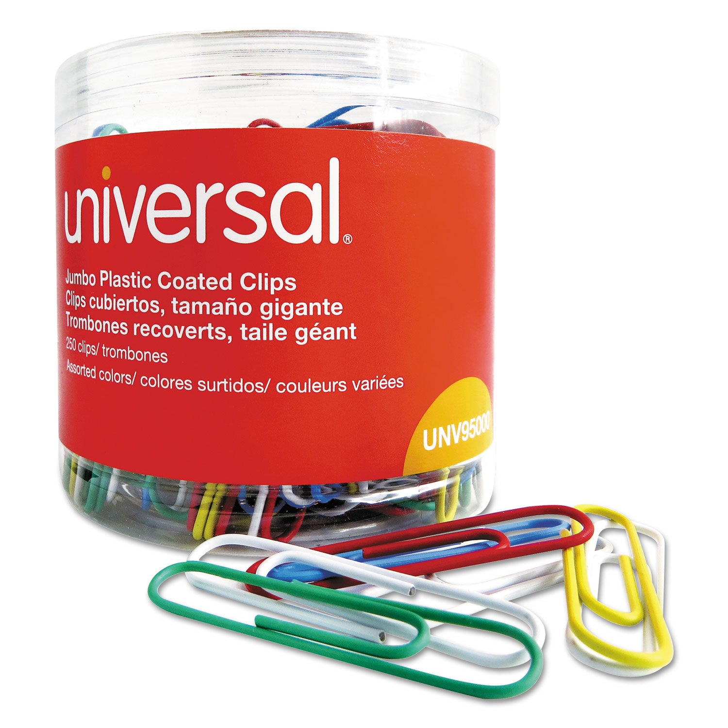 Universal® Plastic-Coated Paper Clips with One-Compartment Dispenser Tub, Jumbo, Assorted Colors, 250/Pack