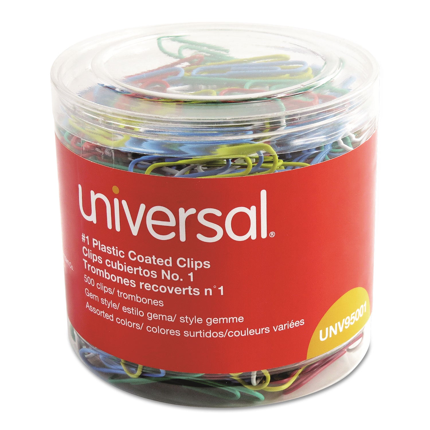 Universal® Plastic-Coated Paper Clips with One-Compartment Dispenser Tub, #1, Assorted Colors, 500/Pack