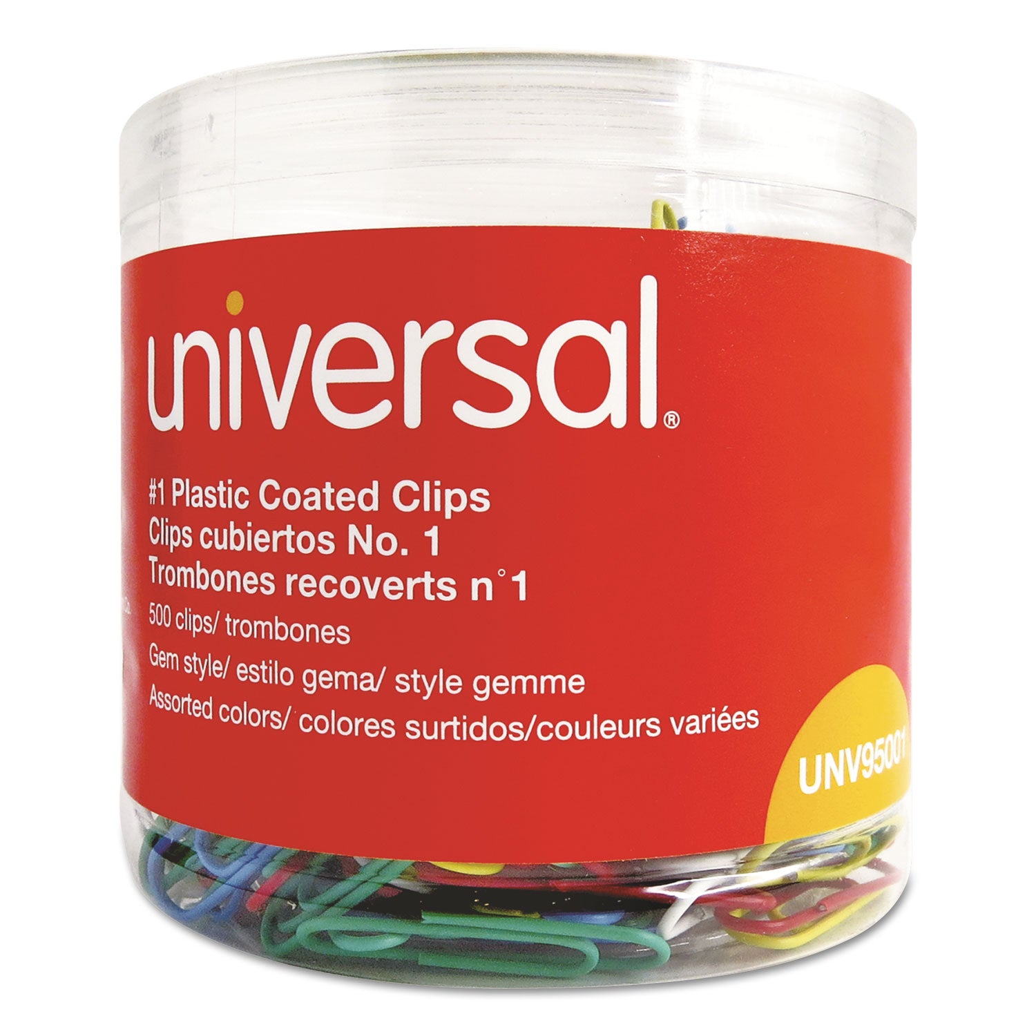 Universal® Plastic-Coated Paper Clips with One-Compartment Dispenser Tub, #1, Assorted Colors, 500/Pack