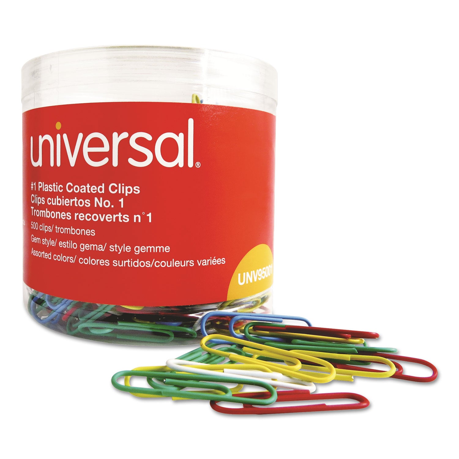 Universal® Plastic-Coated Paper Clips with One-Compartment Dispenser Tub, #1, Assorted Colors, 500/Pack