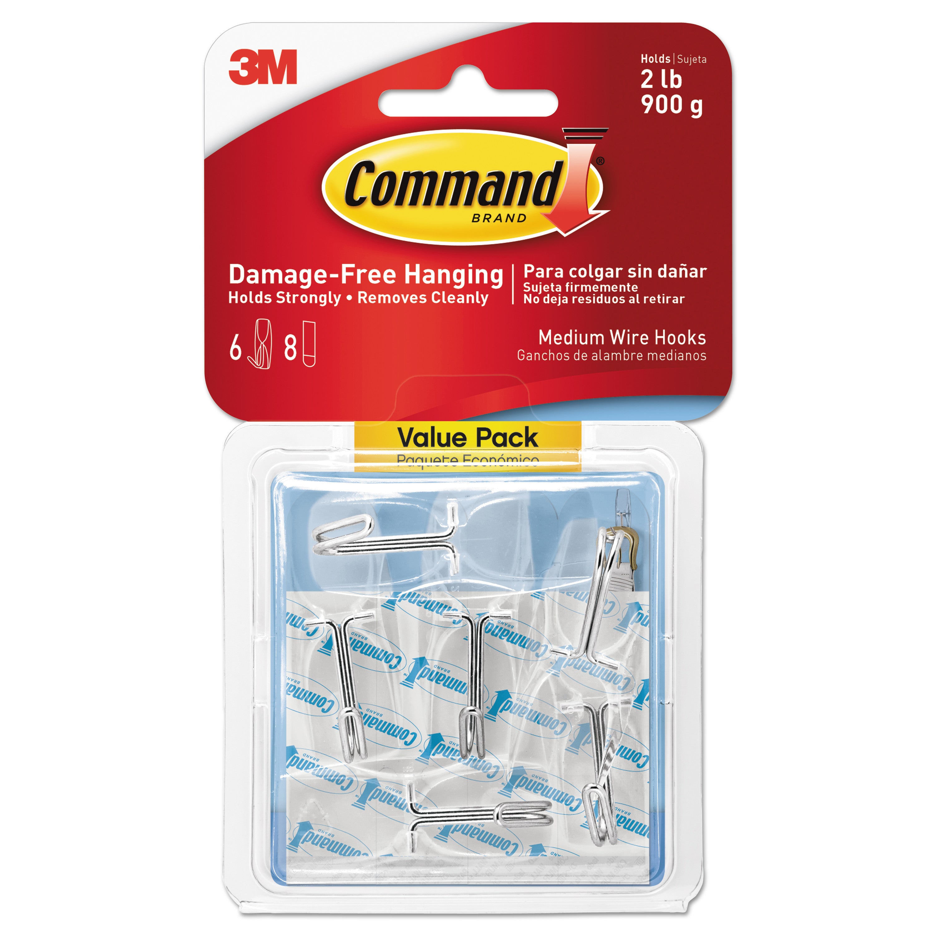 Clear Hooks and Strips, Medium, Plastic, 2 lb Capacity, 6 Hooks and 8 Strips/Pack