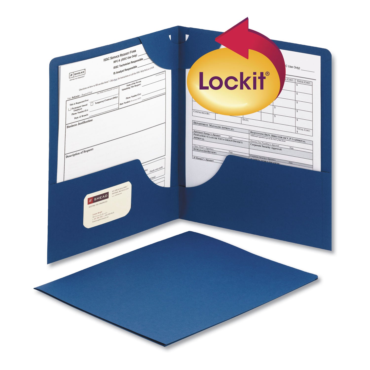 Smead™ Lockit Two-Pocket Folder, Textured Paper, 100-Sheet Capacity, 11 x 8.5, Dark Blue, 25/Box