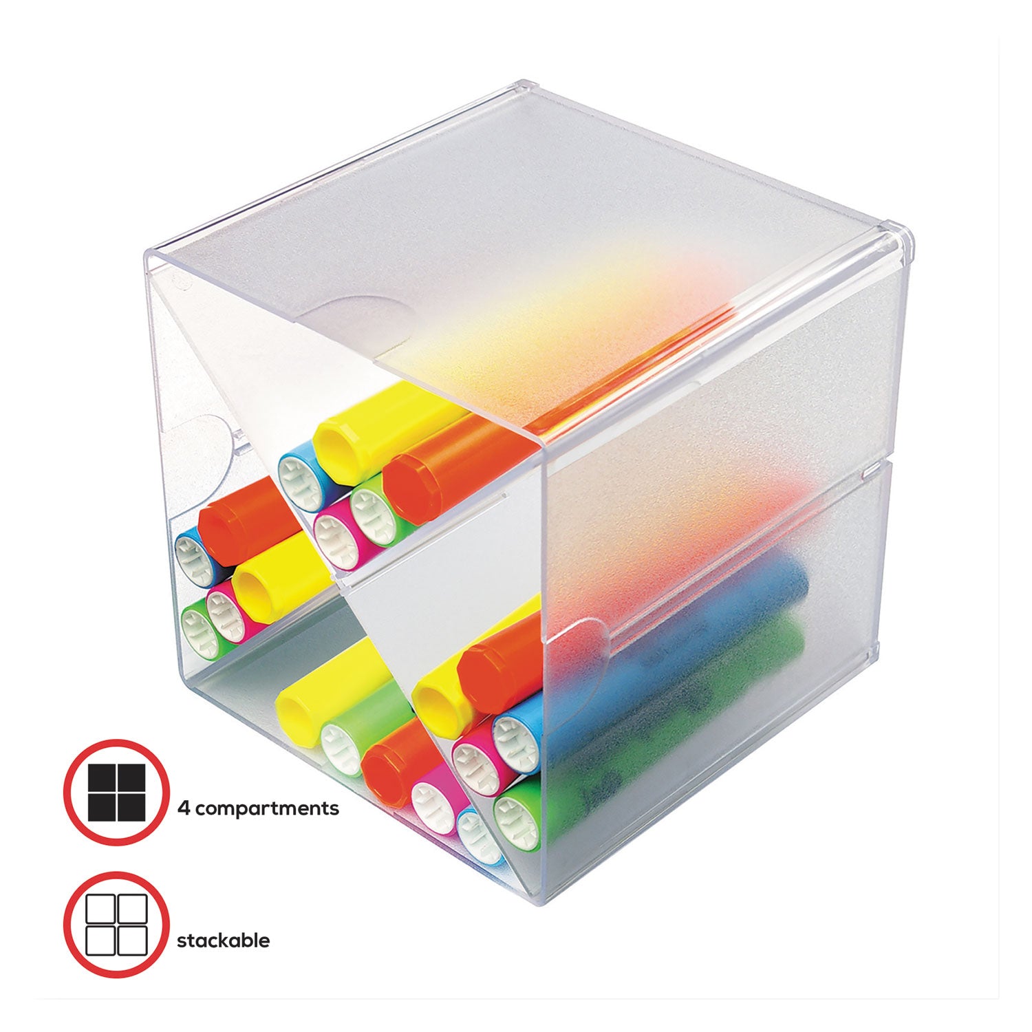 deflecto® Stackable Cube Organizer, X Divider, 4 Compartments, Plastic, 6 x 7.2 x 6, Clear