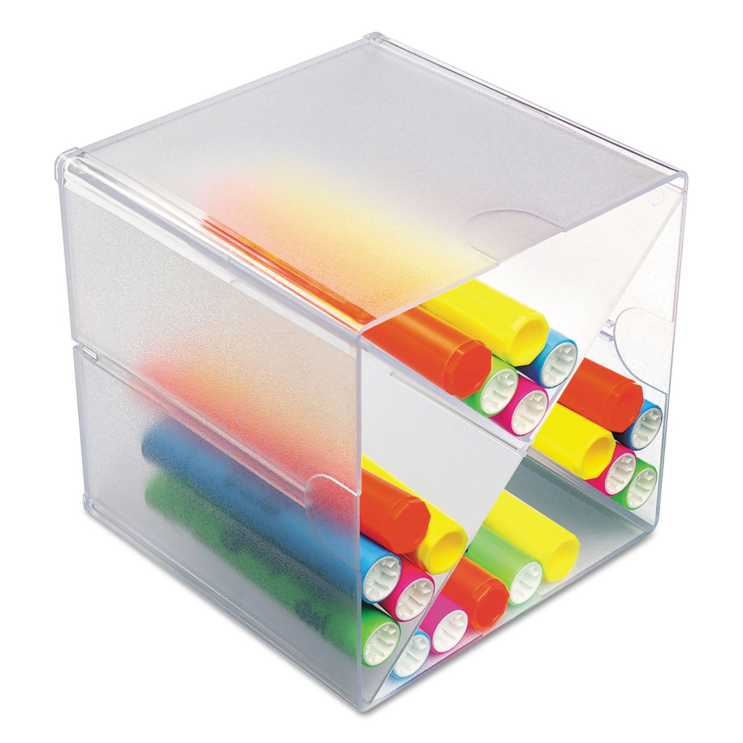 deflecto® Stackable Cube Organizer, X Divider, 4 Compartments, Plastic, 6 x 7.2 x 6, Clear