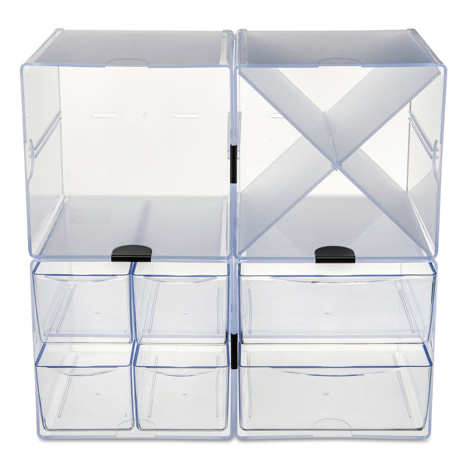 deflecto® Stackable Cube Organizer, X Divider, 4 Compartments, Plastic, 6 x 7.2 x 6, Clear