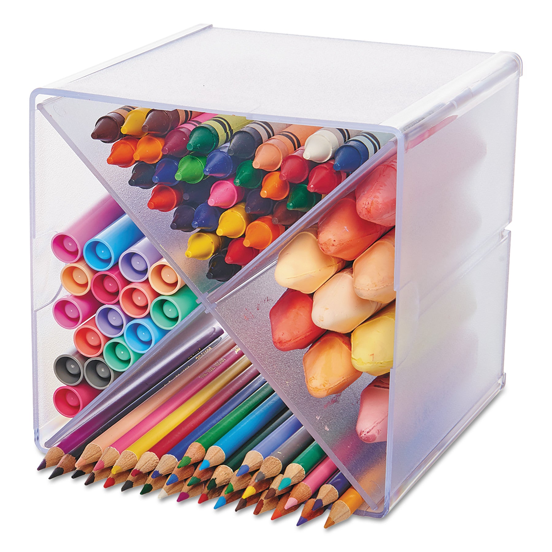 deflecto® Stackable Cube Organizer, X Divider, 4 Compartments, Plastic, 6 x 7.2 x 6, Clear