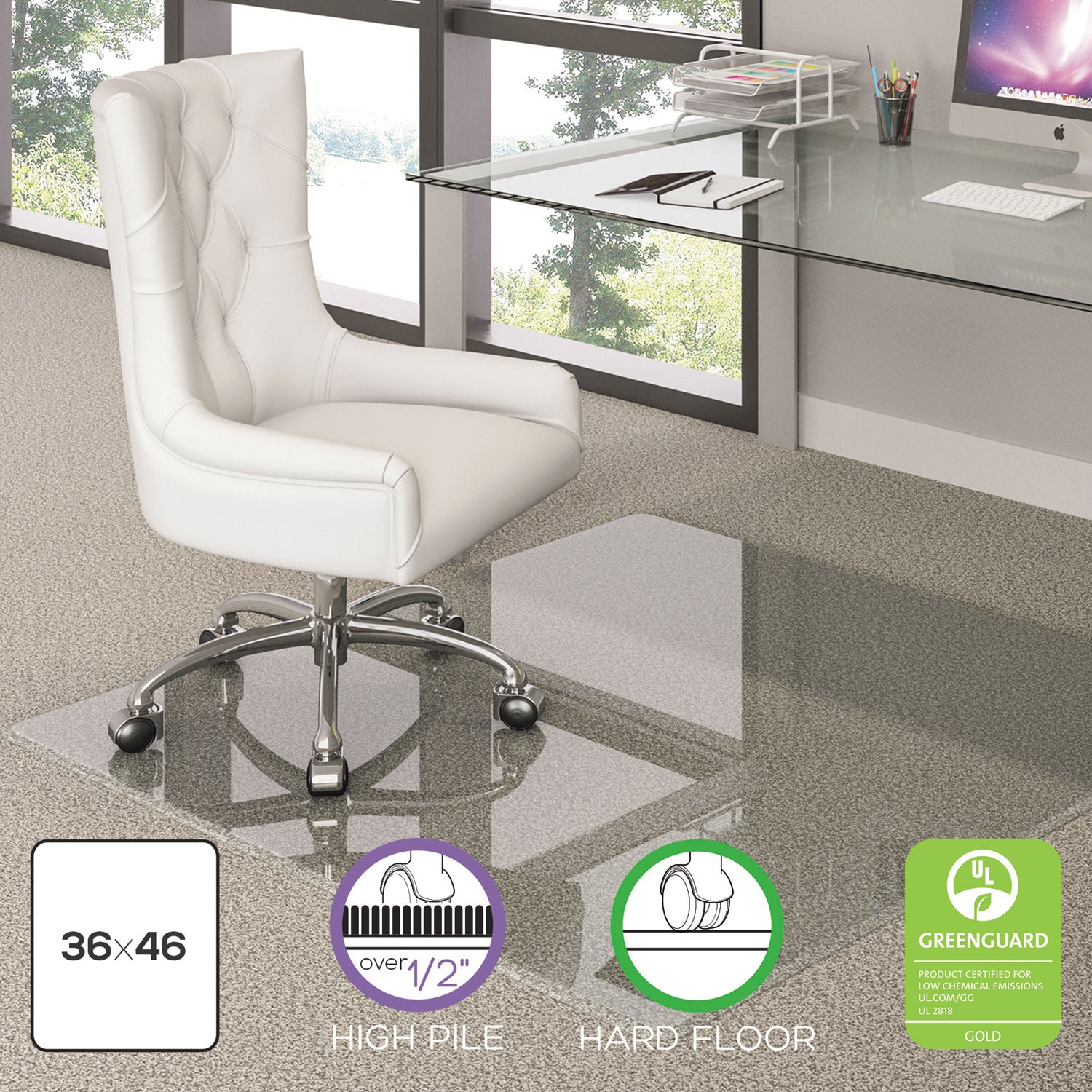 deflecto® Premium Glass All Day Use Chair Mat - All Floor Types, 36 x 46, Rectangular, Clear