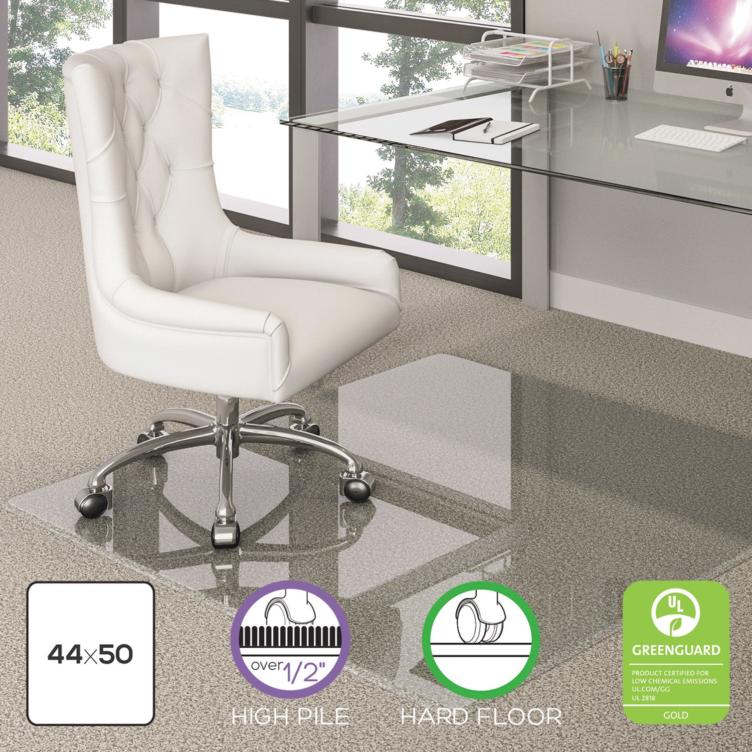 deflecto® Premium Glass All Day Use Chair Mat - All Floor Types, 44 x 50, Rectangular, Clear