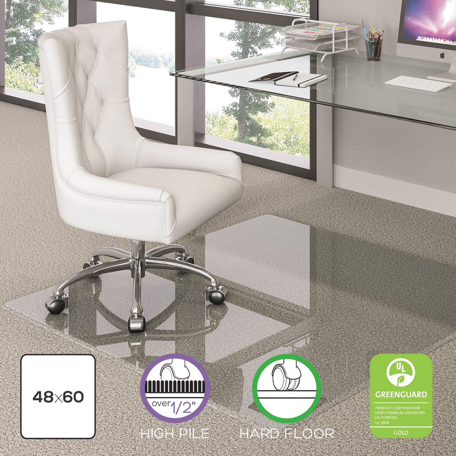 deflecto® Premium Glass All Day Use Chair Mat - All Floor Types, 48 x 60, Rectangular, Clear