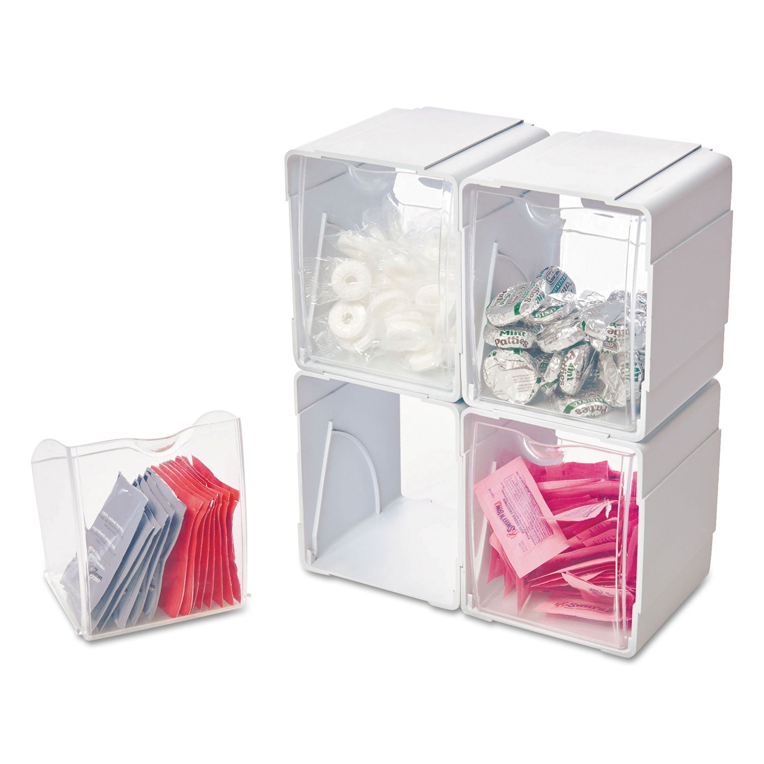 deflecto® Tilt Bin Interlocking 4-Bin Organizer, Plastic, 4.63 x 4.88 x 5.5, White/Clear