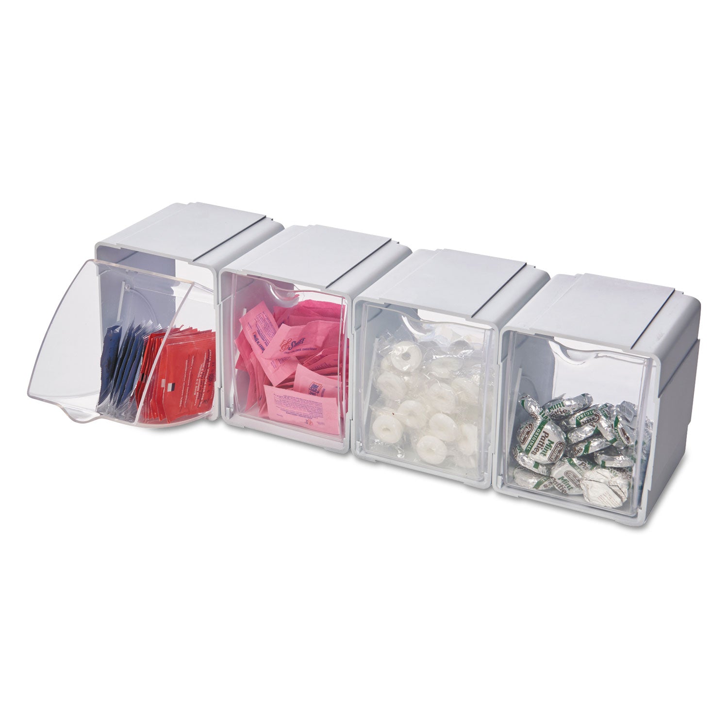 deflecto® Tilt Bin Interlocking 4-Bin Organizer, Plastic, 4.63 x 4.88 x 5.5, White/Clear