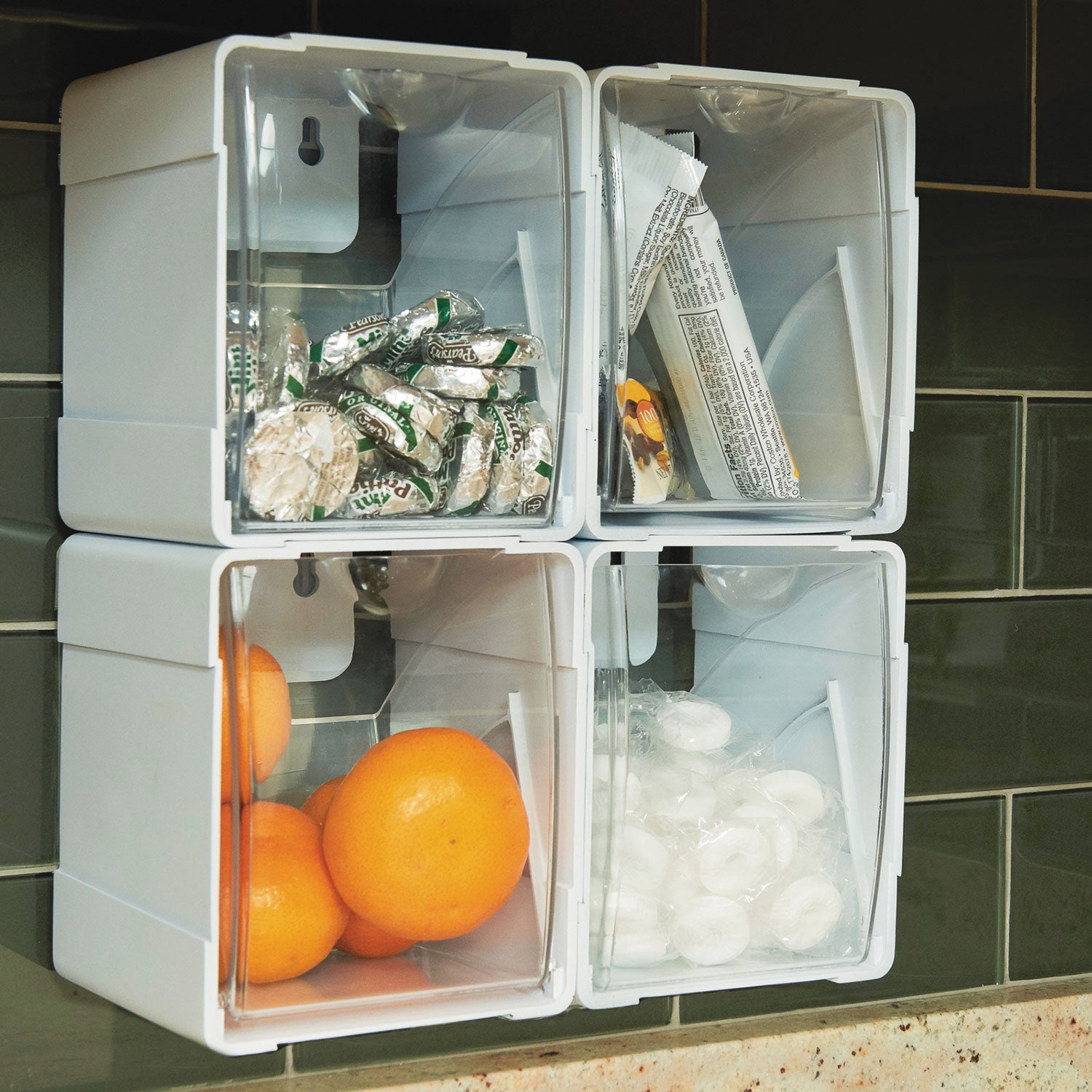 deflecto® Tilt Bin Interlocking 4-Bin Organizer, Plastic, 4.63 x 4.88 x 5.5, White/Clear