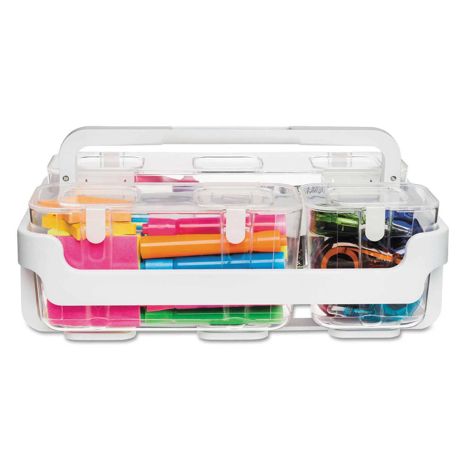 deflecto® Stackable Caddy Organizer with S, M and L Containers, Plastic, 10.5 x 14 x 6.5, White Caddy/Clear Containers