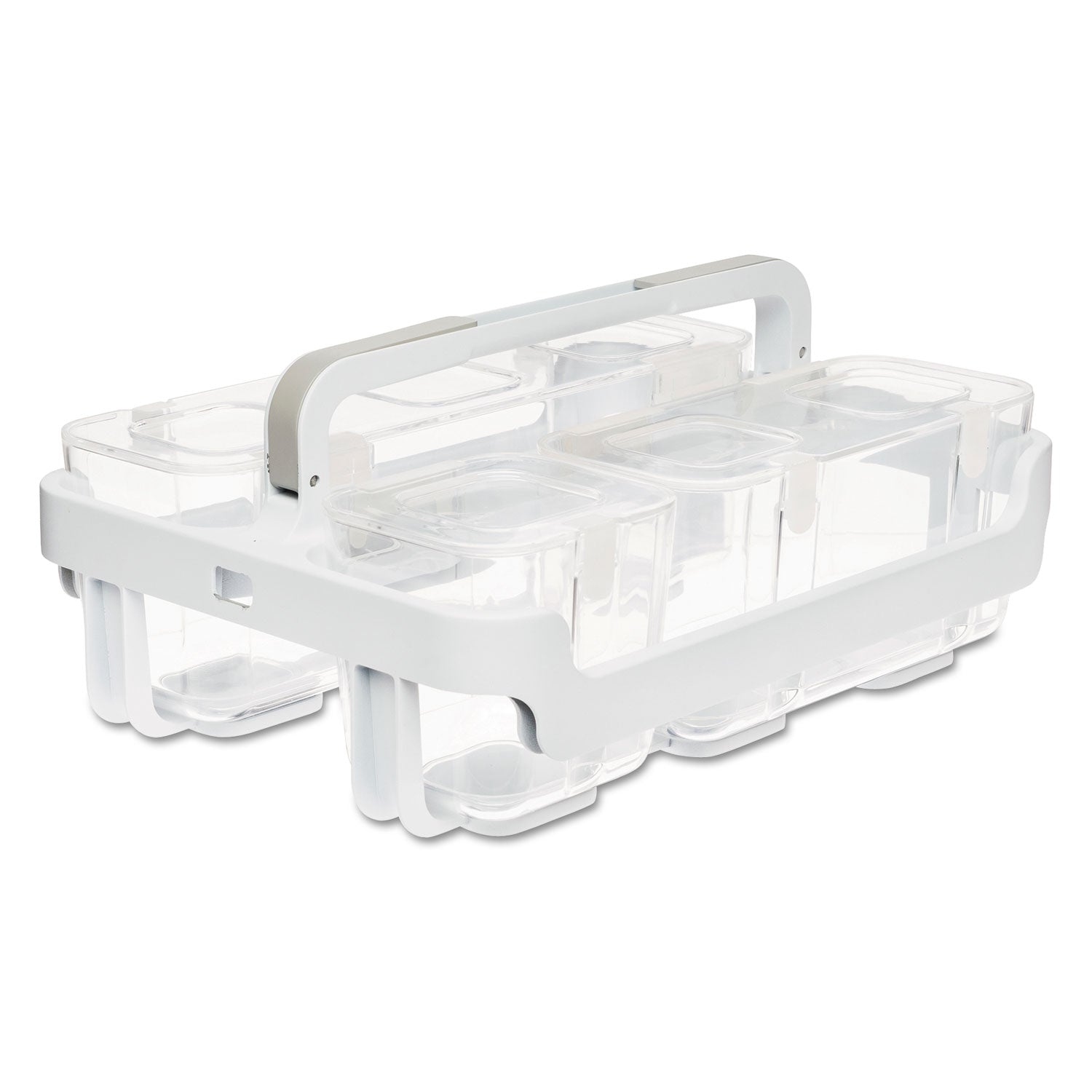 deflecto® Stackable Caddy Organizer with S, M and L Containers, Plastic, 10.5 x 14 x 6.5, White Caddy/Clear Containers