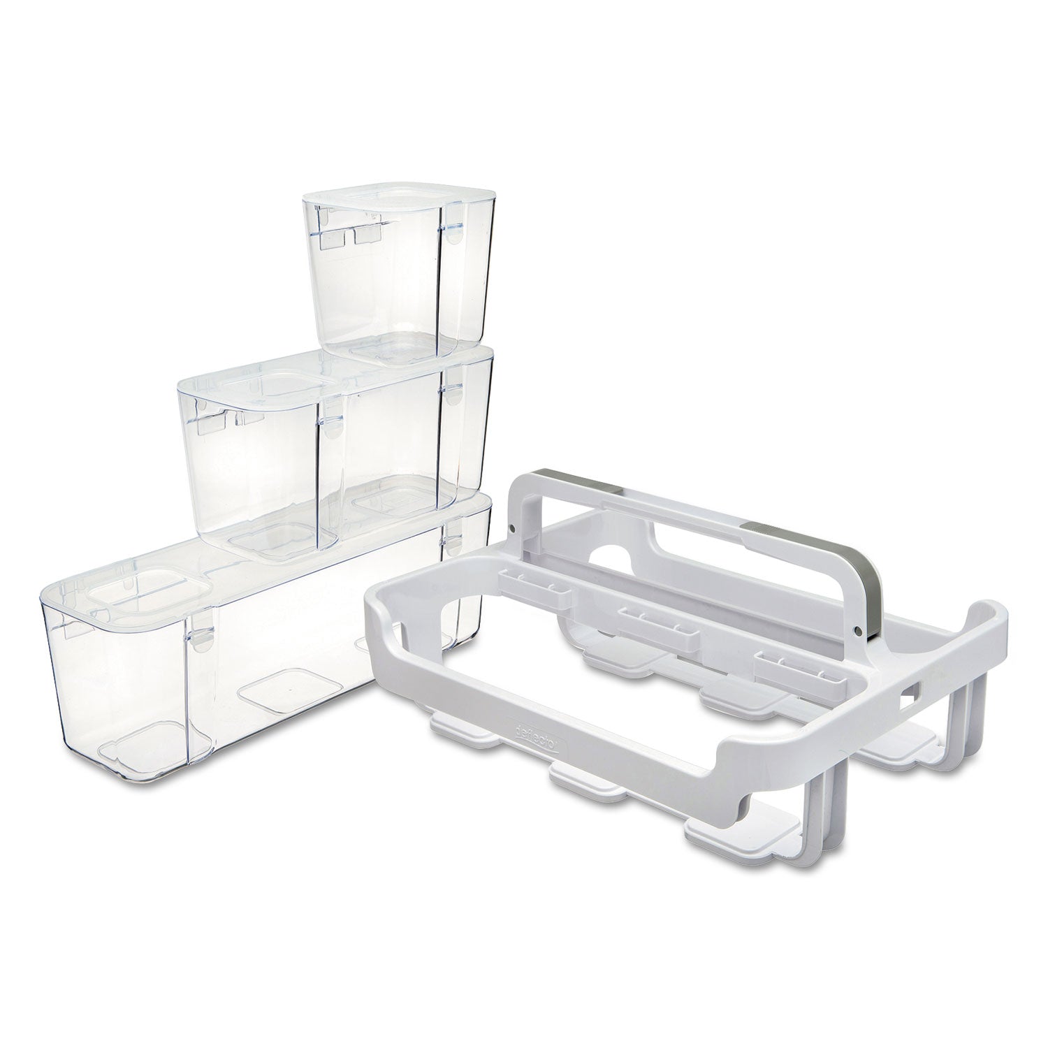 deflecto® Stackable Caddy Organizer with S, M and L Containers, Plastic, 10.5 x 14 x 6.5, White Caddy/Clear Containers