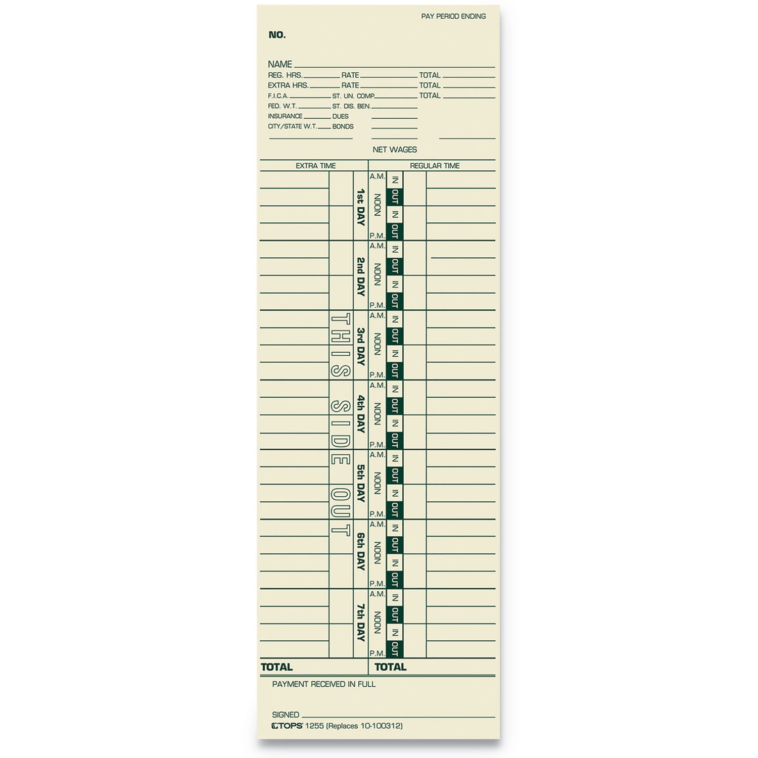 Time Clock Cards, Replacement for 10-100312/1950-9301/K14-36981D, One Side, 3.5 x 10.5, 500/Box