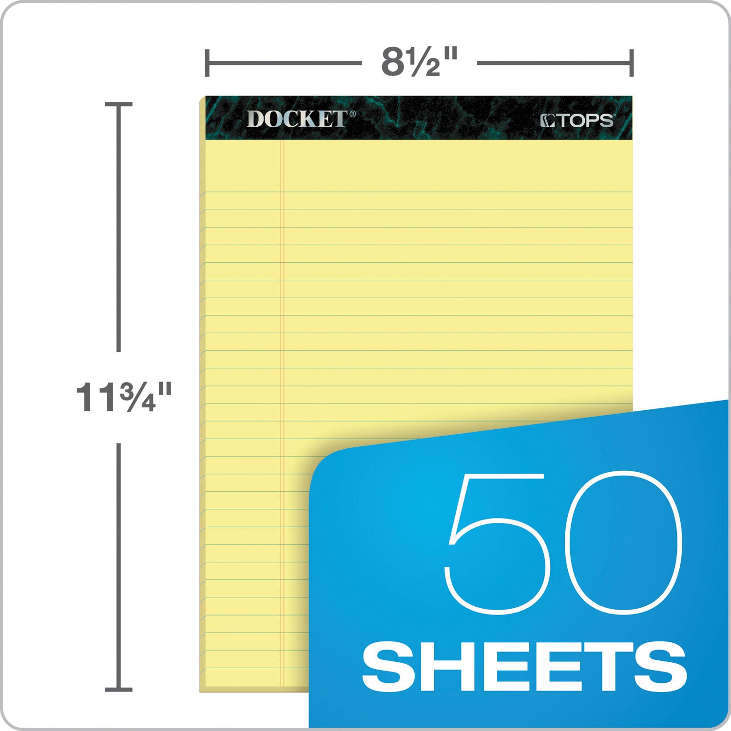 TOPS™ Docket Ruled Perforated Pads, Wide/Legal Rule, 50 Canary-Yellow 8.5 x 11.75 Sheets, 12/Pack