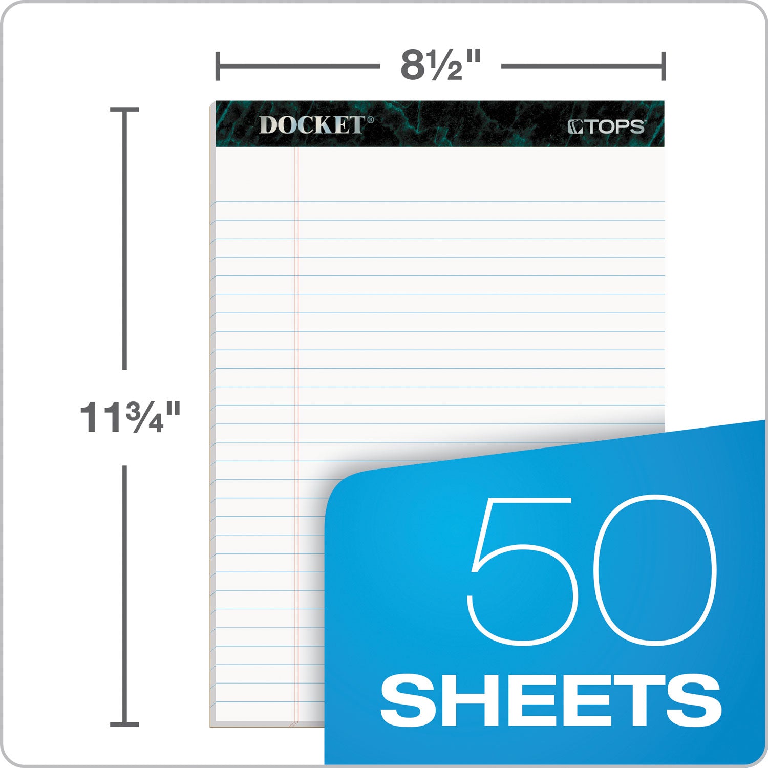 TOPS™ Docket Ruled Perforated Pads, Wide/Legal Rule, 50 White 8.5 x 11.75 Sheets, 6/Pack