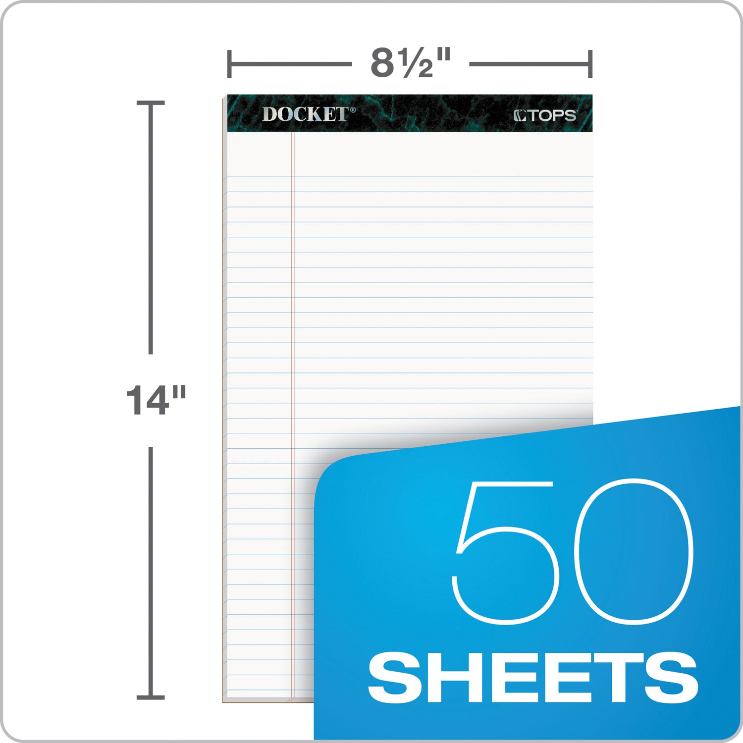 TOPS™ Docket Ruled Perforated Pads, Wide/Legal Rule, 50 White 8.5 x 14 Sheets, 12/Pack