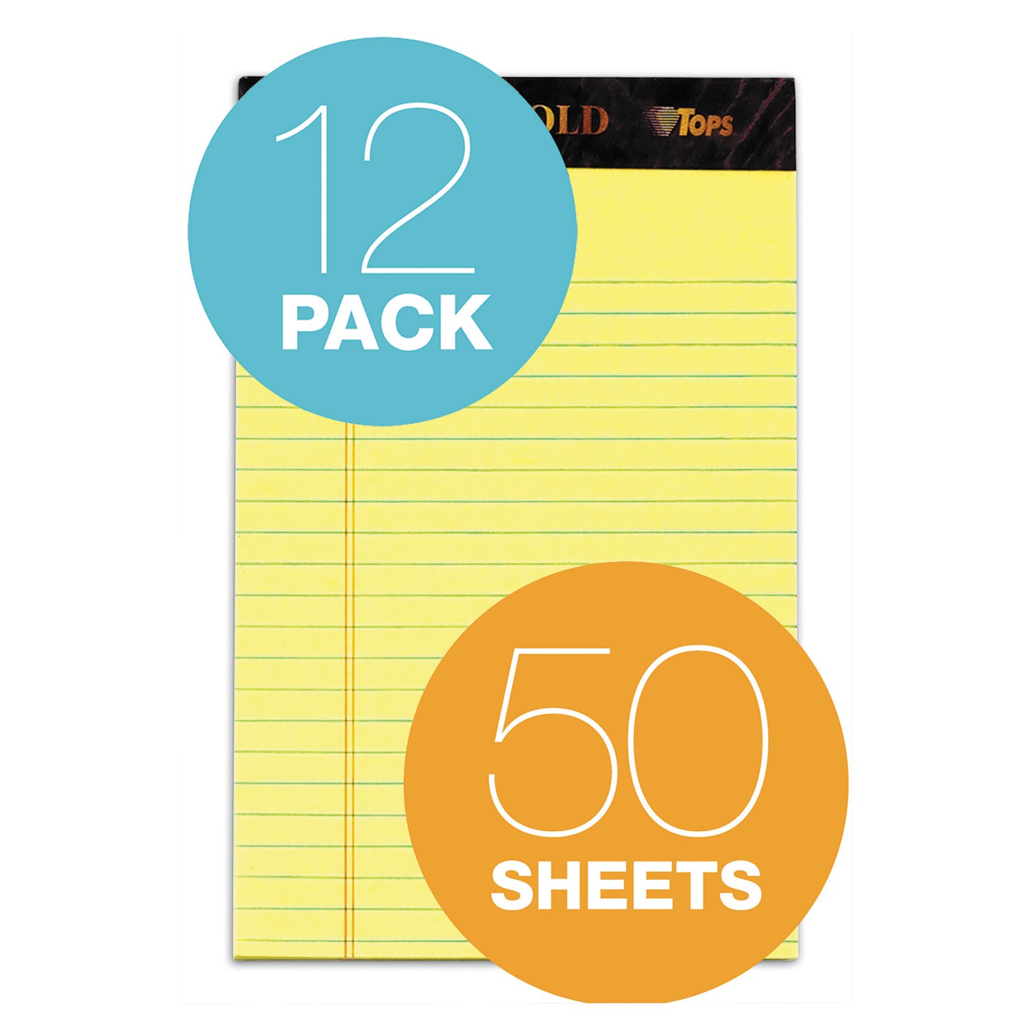 TOPS™ Docket Gold Ruled Perforated Pads, Narrow Rule, 50 Canary-Yellow 5 x 8 Sheets, 12/Pack