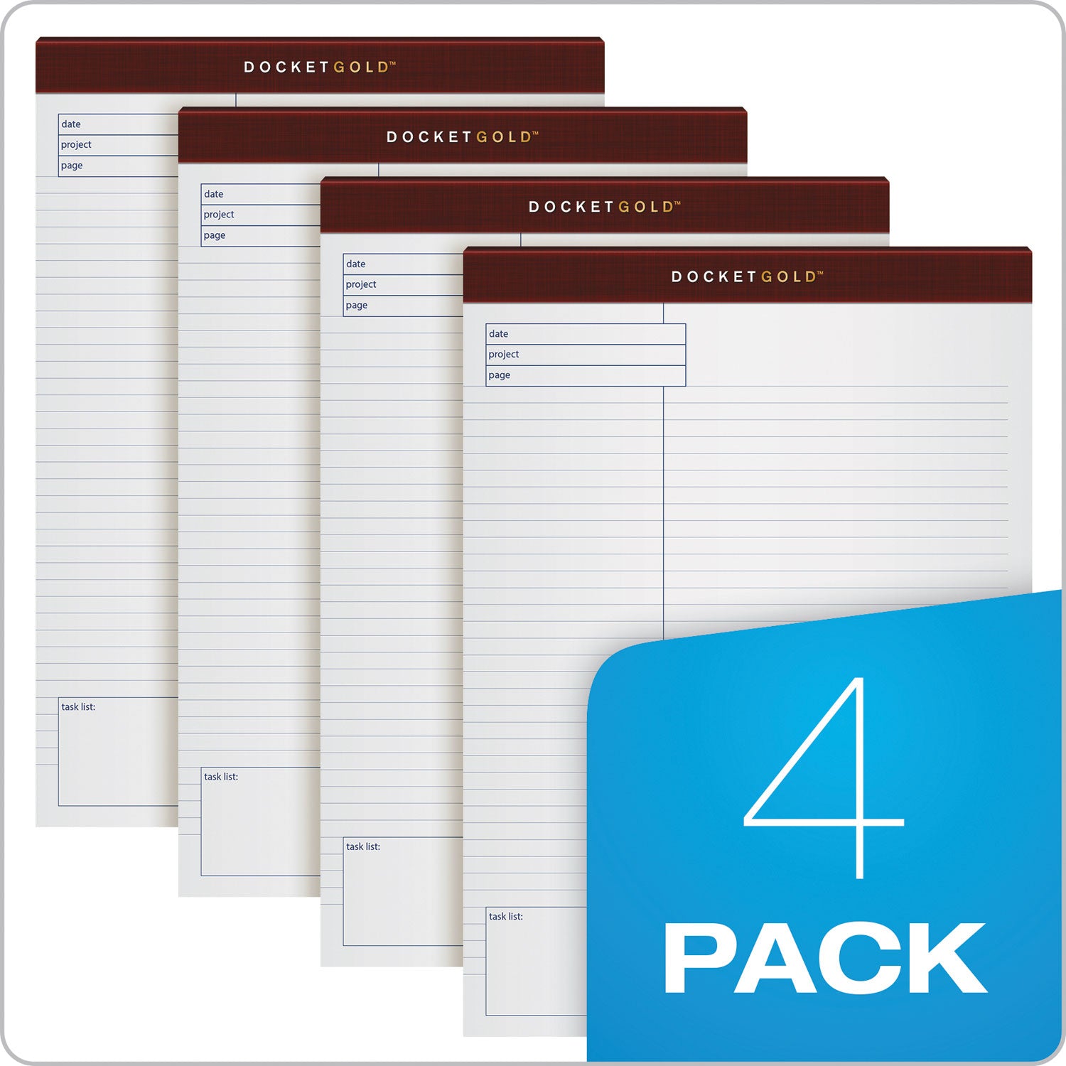 TOPS™ Docket Gold Planning Pads, Project-Management Format, Quadrille Rule (4 sq/in), 40 White 8.5 x 11.75 Sheets, 4/Pack