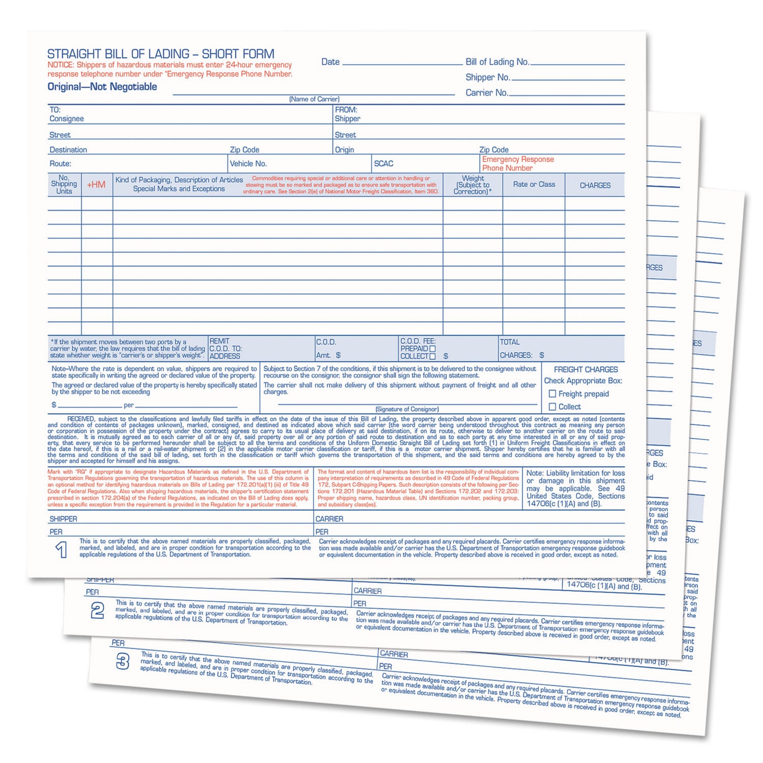 TOPS™ Hazardous Material Short Form, Three-Part Carbonless, 7 x 8.5, 250 Forms Total