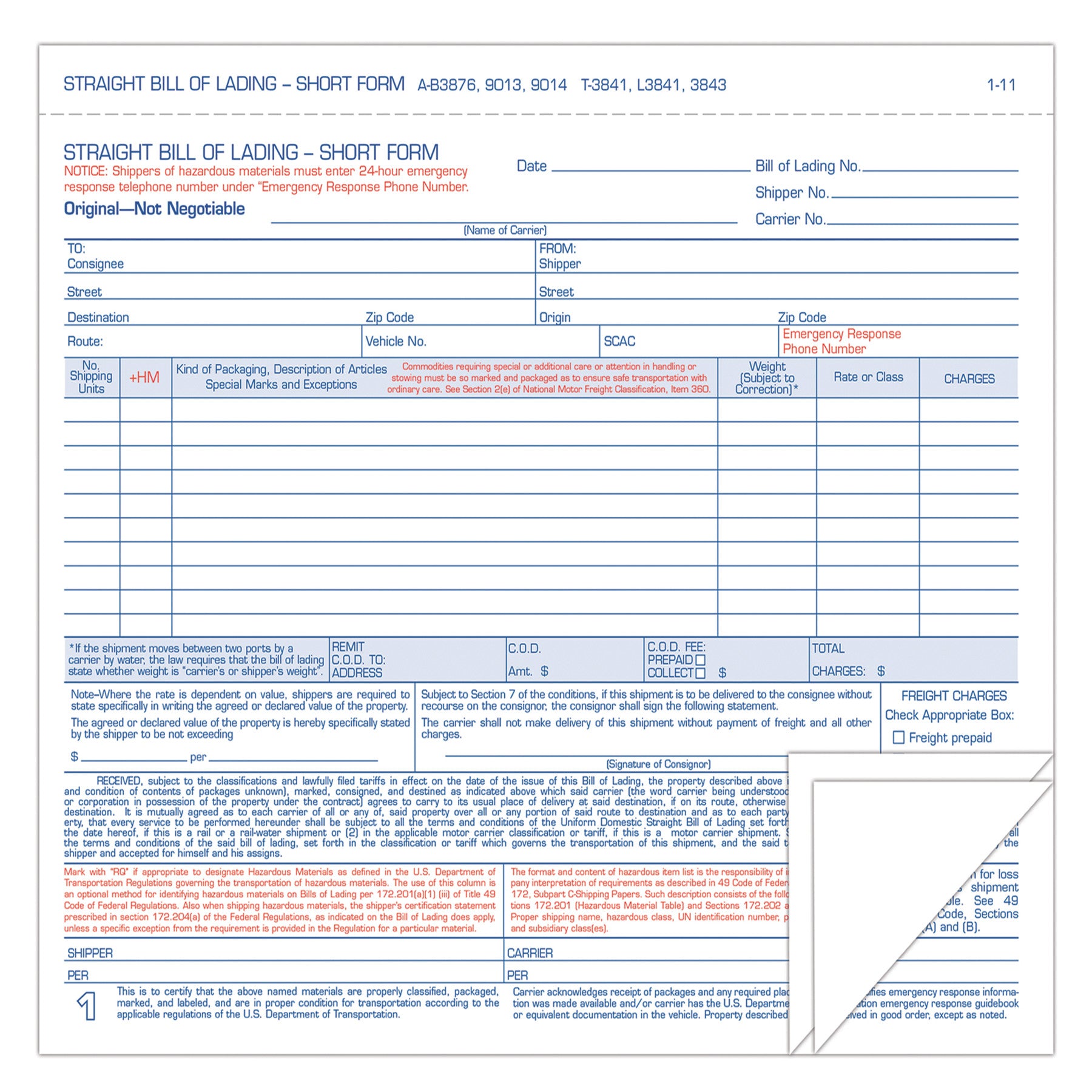 Hazardous Material Short Form, Three-Part Carbonless, 7 x 8.5, 250 Forms Total